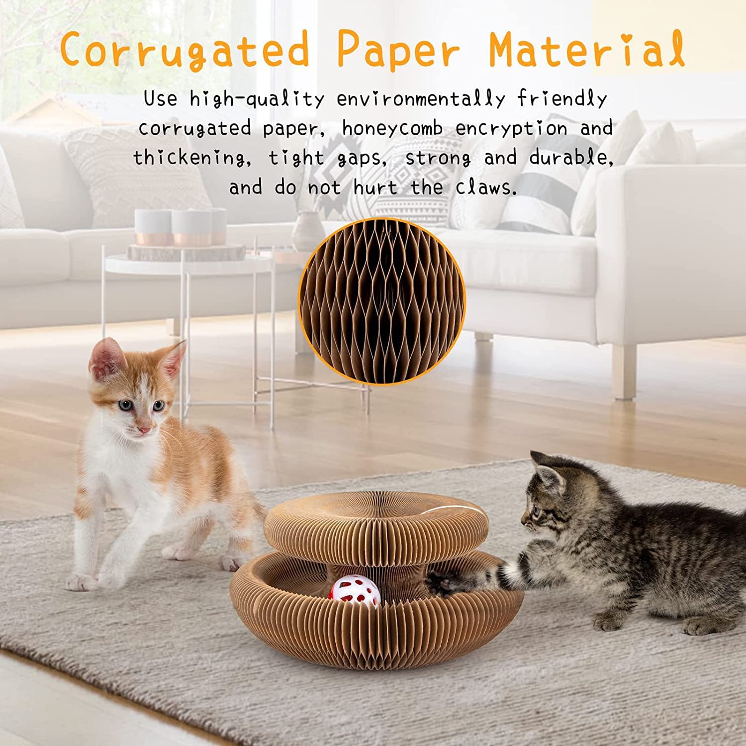 Kitty Kurlz Magic Organ cat scratcher with bell and ball promotes interactive play and hunting instincts.
