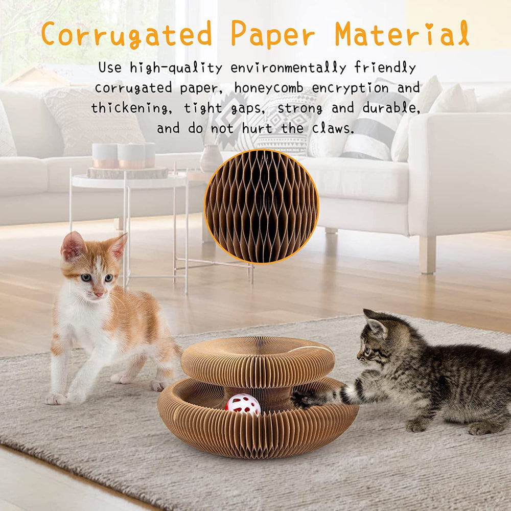 Kitty Kurlz Magic Organ cat scratcher with bell and ball promotes interactive play and hunting instincts.