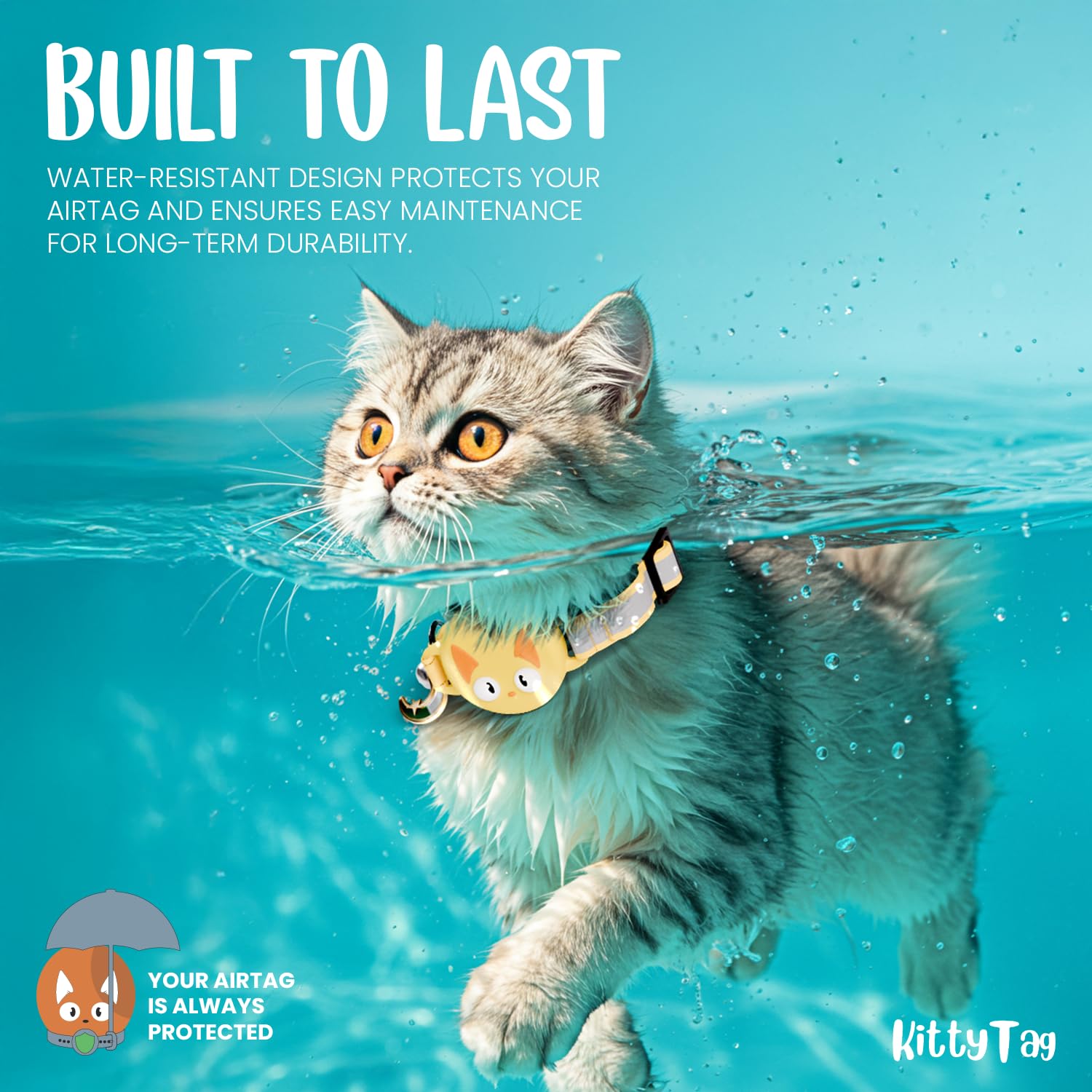 KittyTag Airtag collar yellow—airtag holder securely seated in collar.