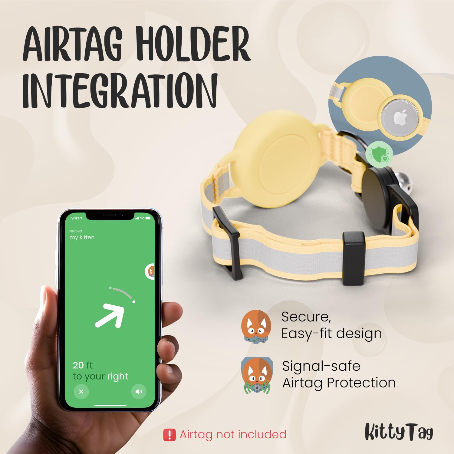 KittyTag Airtag collar yellow—side view highlights adjustable fit and secure attachment.