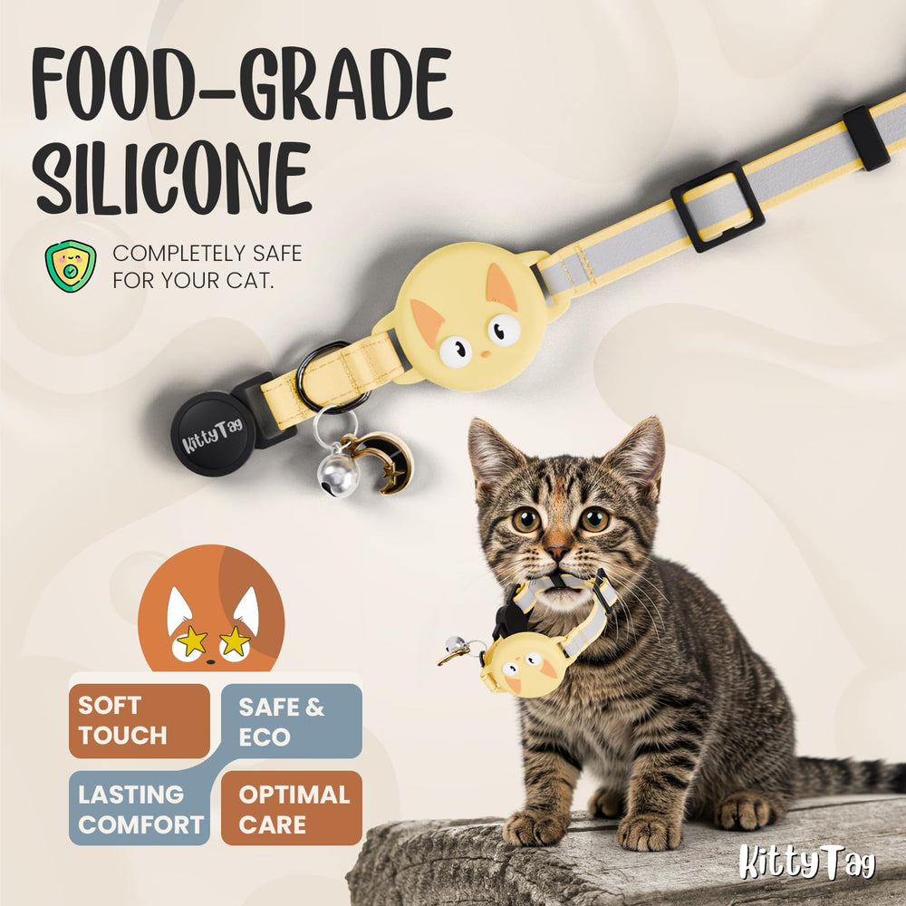KittyTag Airtag collar yellow—waterproof material for rainy-day walks.