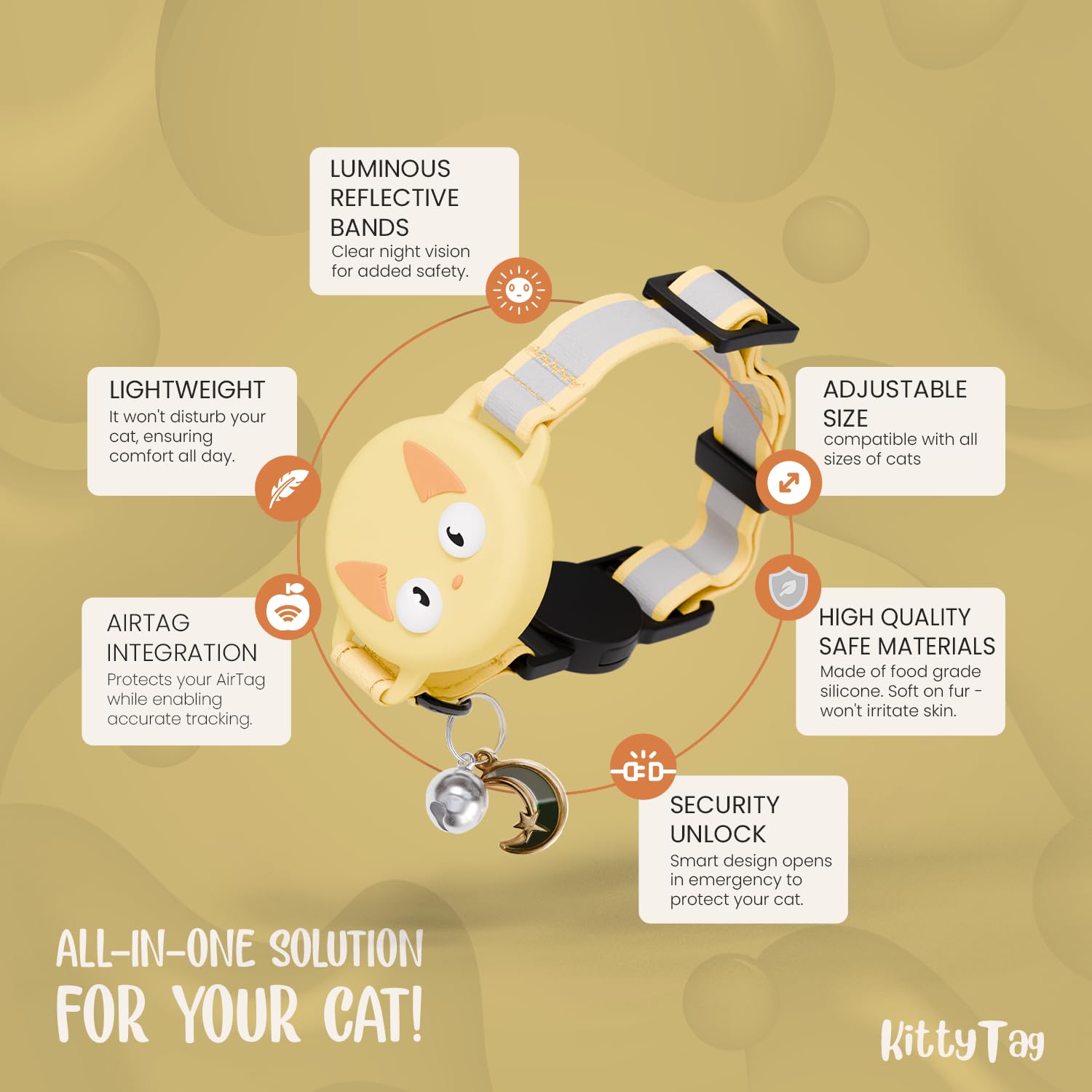 KittyTag Airtag collar yellow—cat wearing collar during playtime.