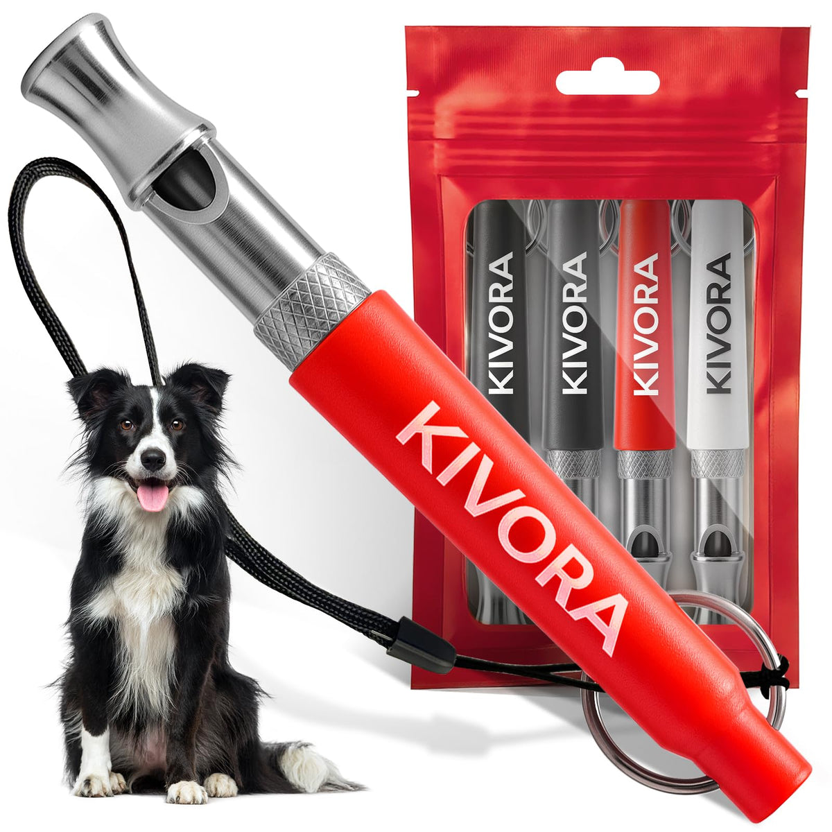 KIVORA dog whistle 4-pack in red, black, and white for versatile bark control.