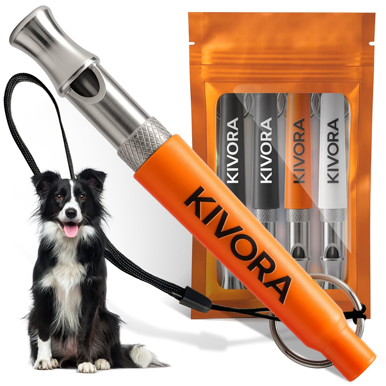 KIVORA dog whistle four-pack orange closeup showing ultrasonic training potential