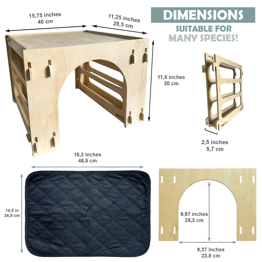 Kiwi & Mora Large Rabbit Bed Hay Feeder highlights ample space for rest and on-demand hay.