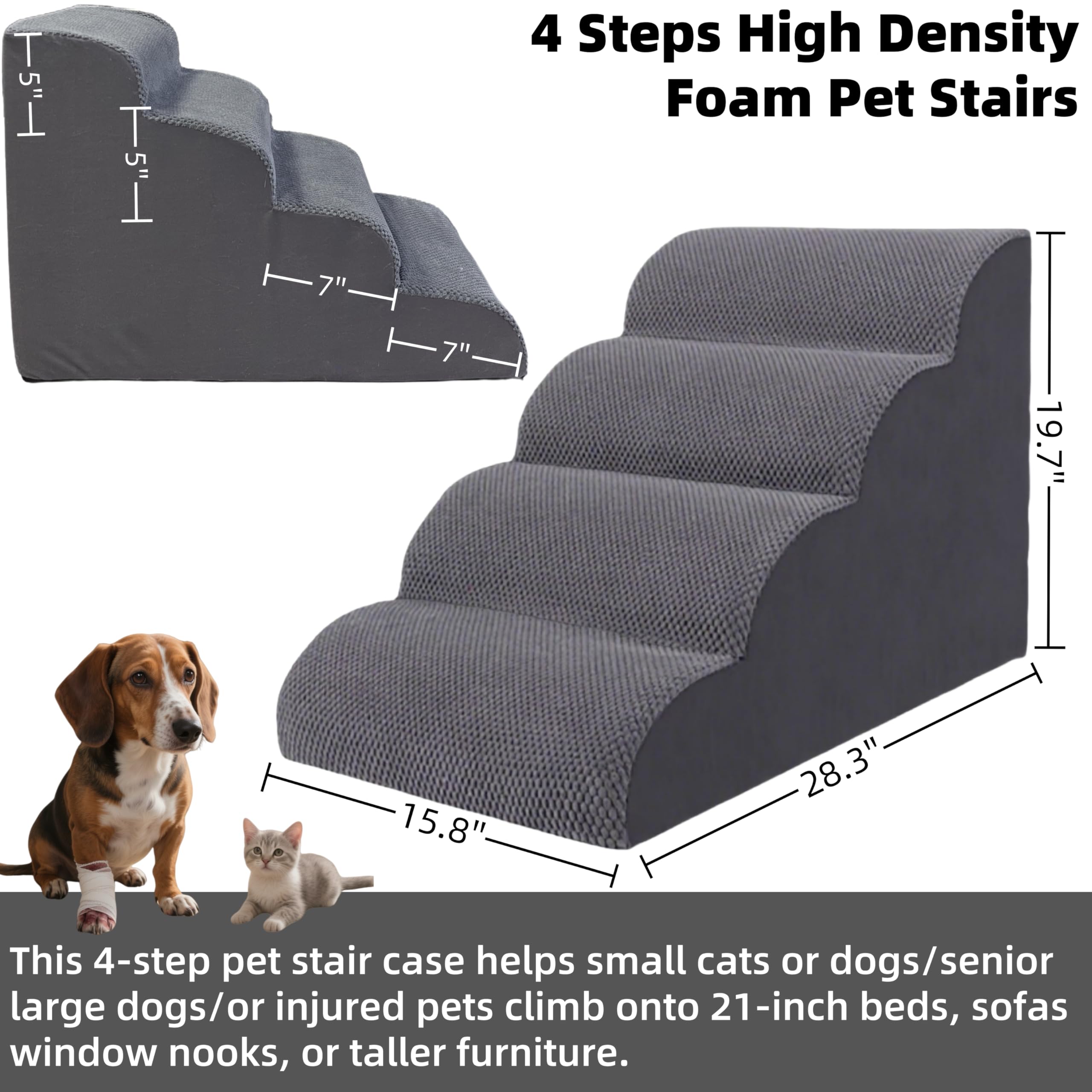KIWIWOOF 4-step pet stairs bed access grey aids gentle climbs