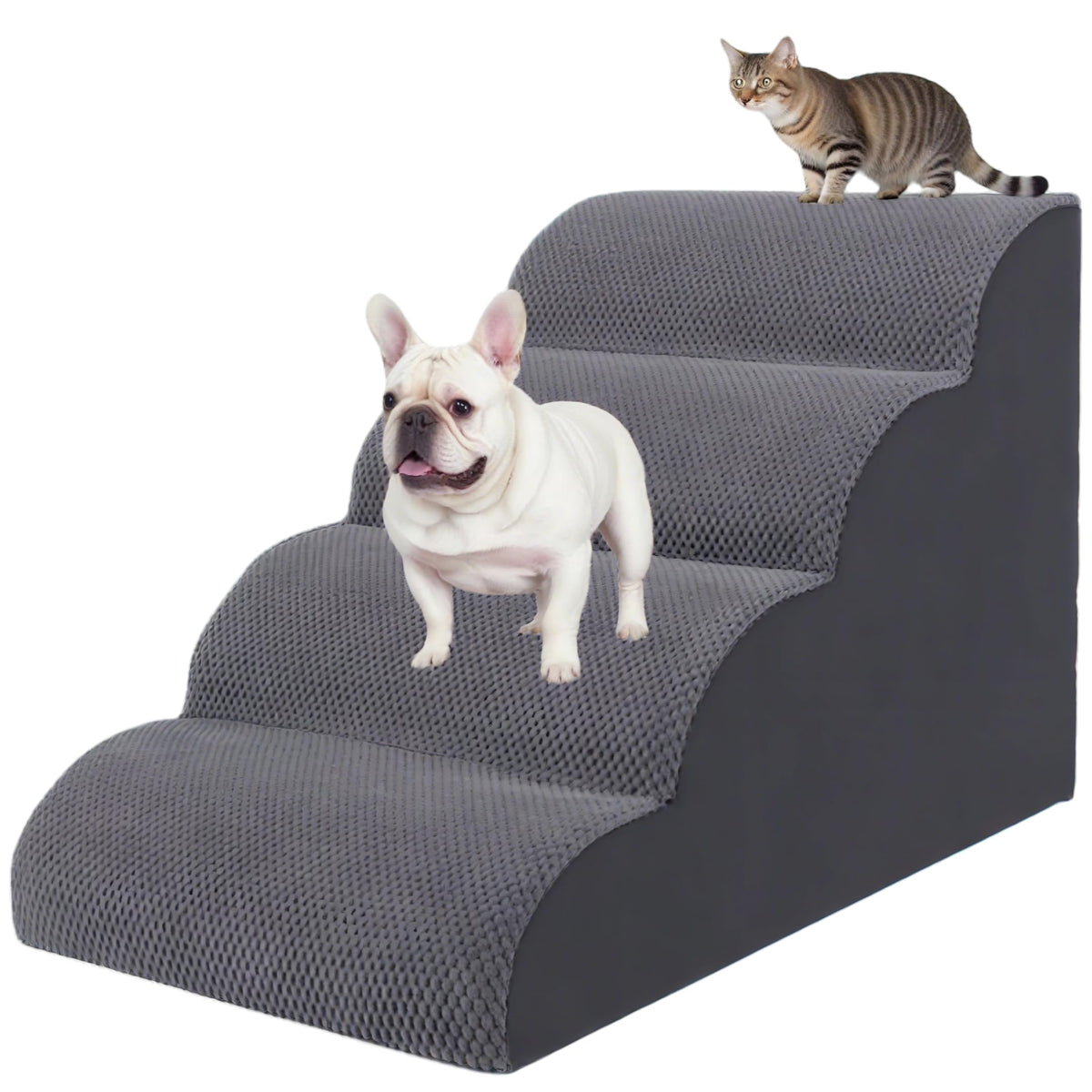 KIWIWOOF 4-step pet stairs side view grey for safe bed access