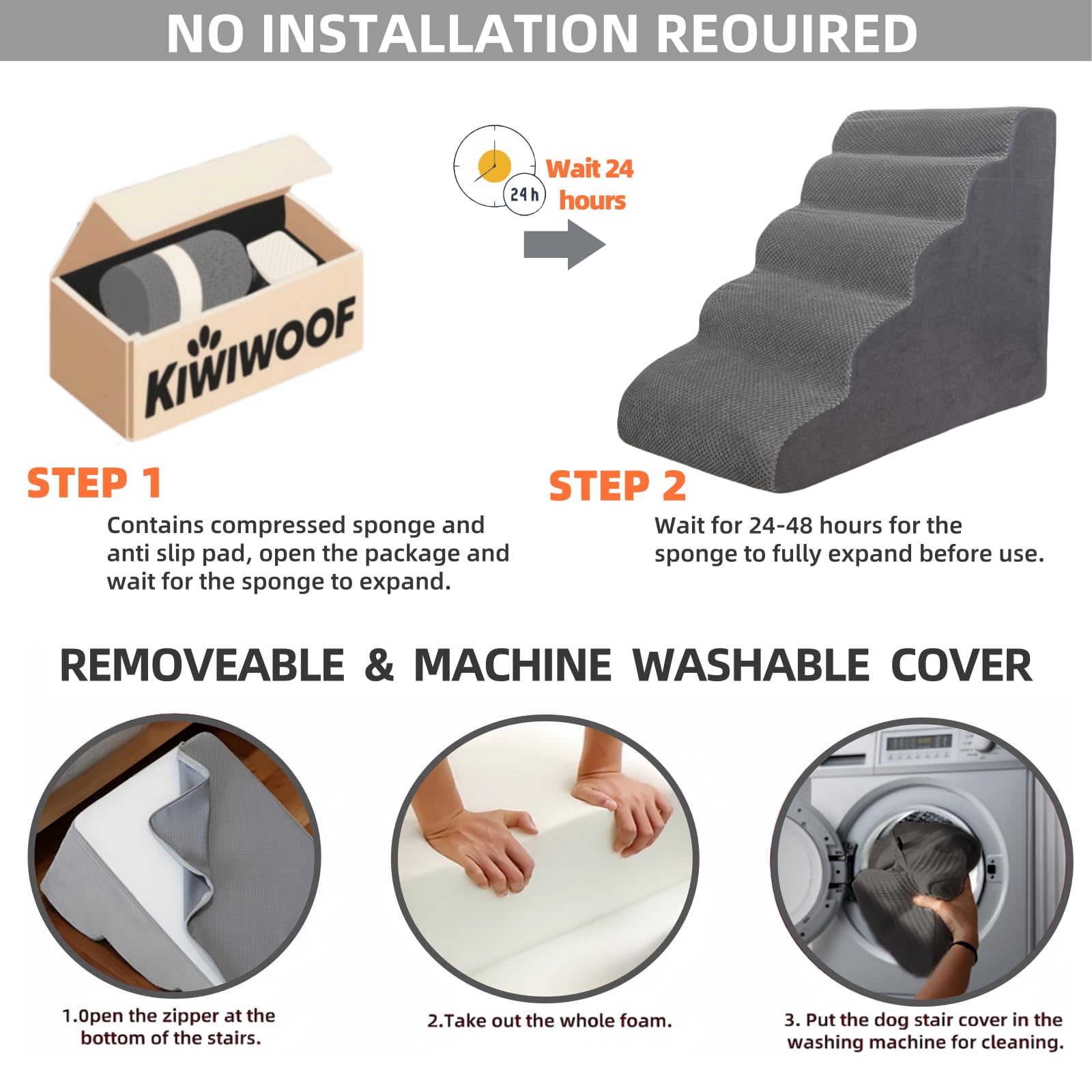KIWIWOOF 4-step pet stairs sofa access grey helps dogs reach sofas