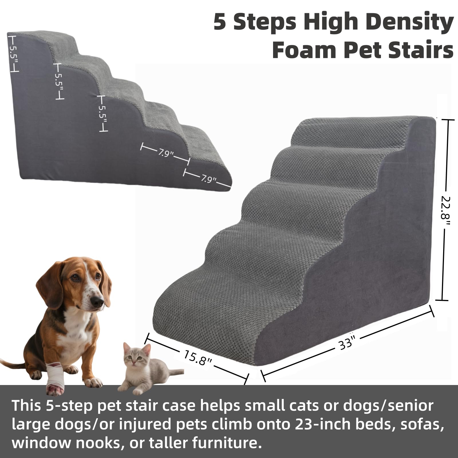 KIWIWOOF 5-step pet stairs gray side view for bedside use.