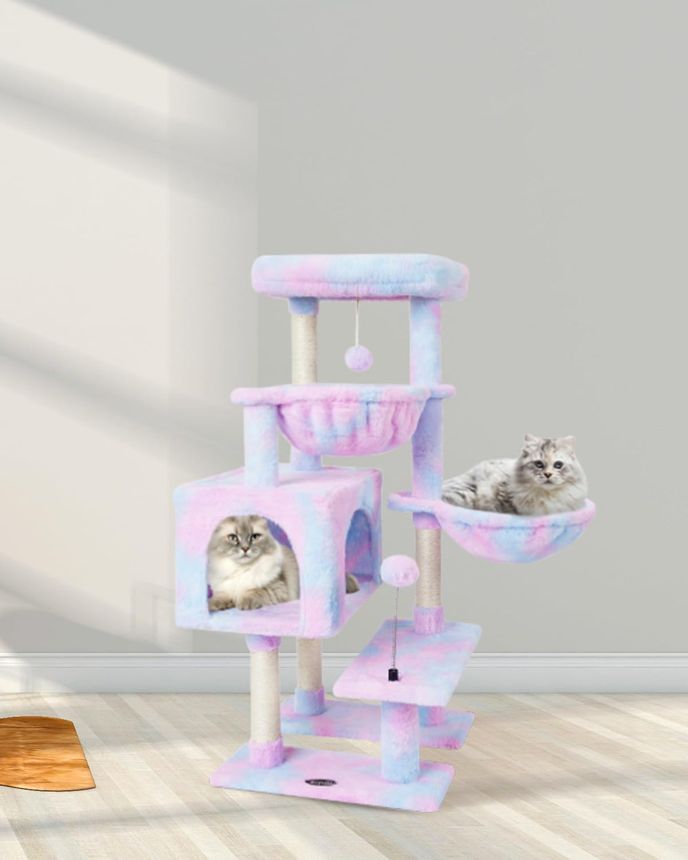 Kiyumi cat tree top perch with plush faux fur for cozy observation.
