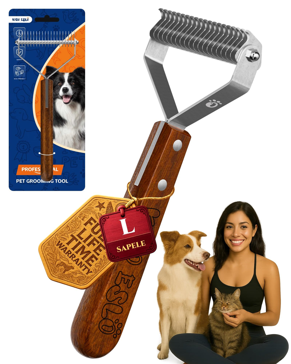 KIZO ESLO dog brush wood-handle for comfortable detangling during grooming