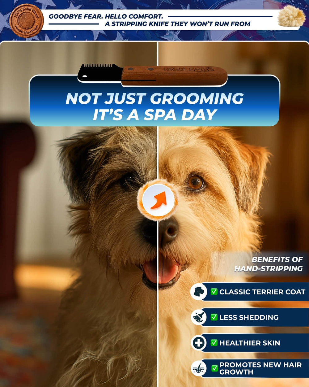 KIZO ESLO stripping knife in use on terrier highlights gentle handling during grooming.