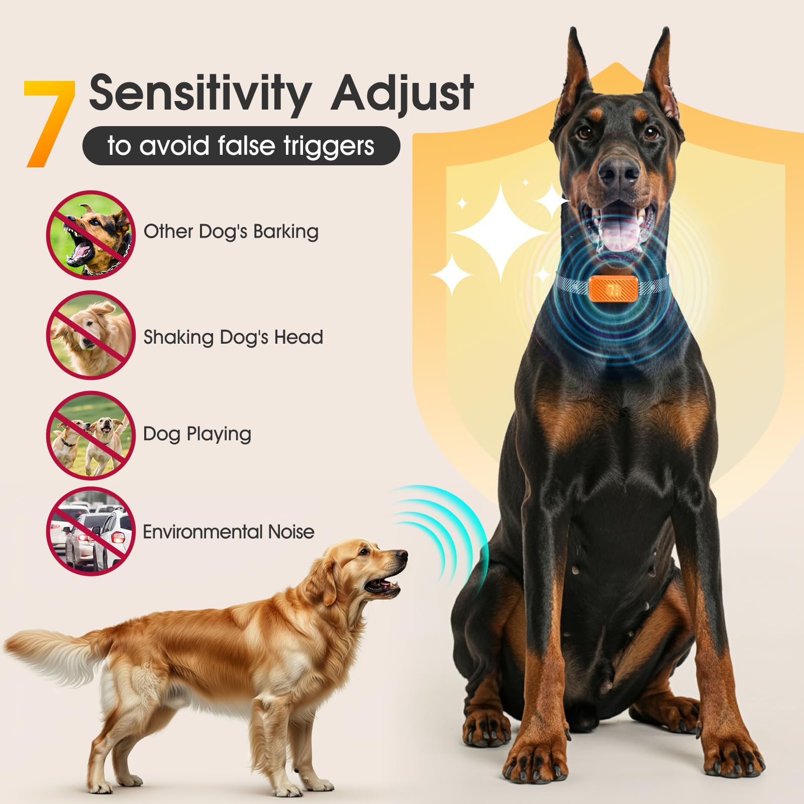 KJKZO bark collar sensors closeup highlights dual-sensor accuracy for fewer false triggers