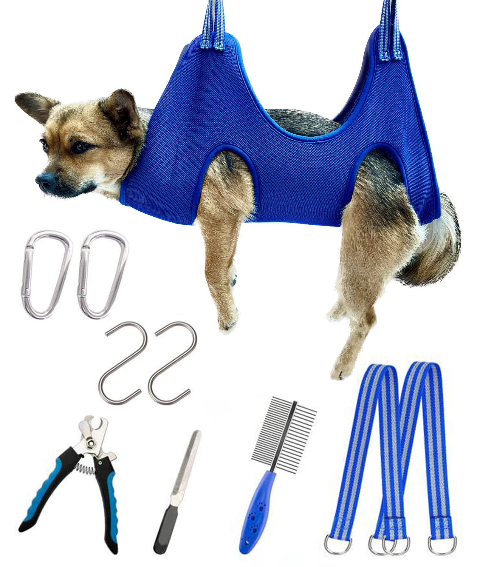 Kkiimatt dog grooming hammock blue close-up highlighting sturdy mesh and secure sling for calm nail trimming.