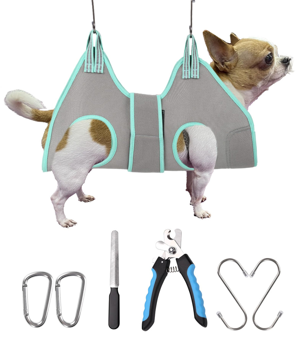 Kkiimatt dog grooming hammock gray securely supports small dogs during nail trimming.