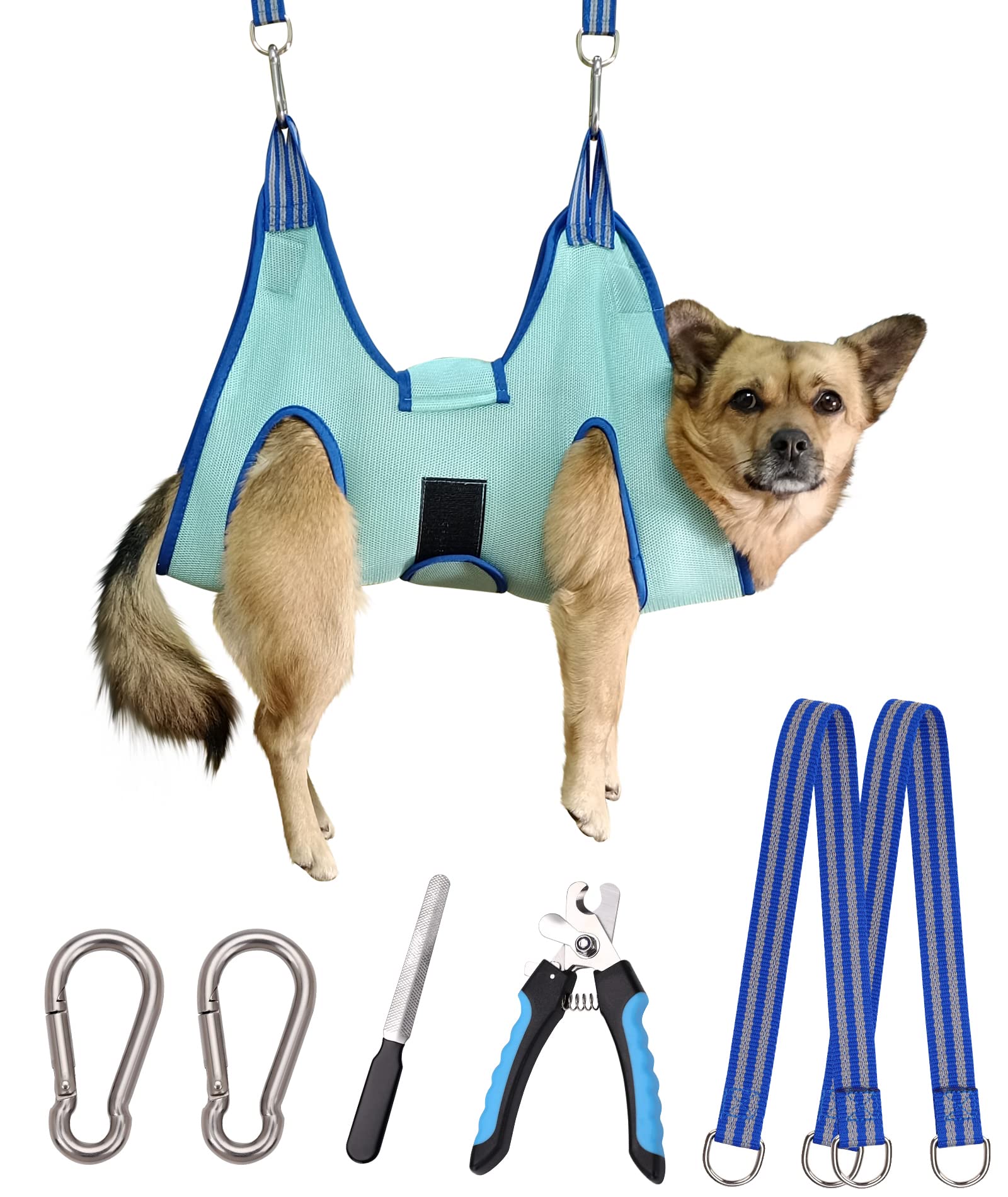 Kkiimatt dog grooming hammock setup for easy at-home nail care.