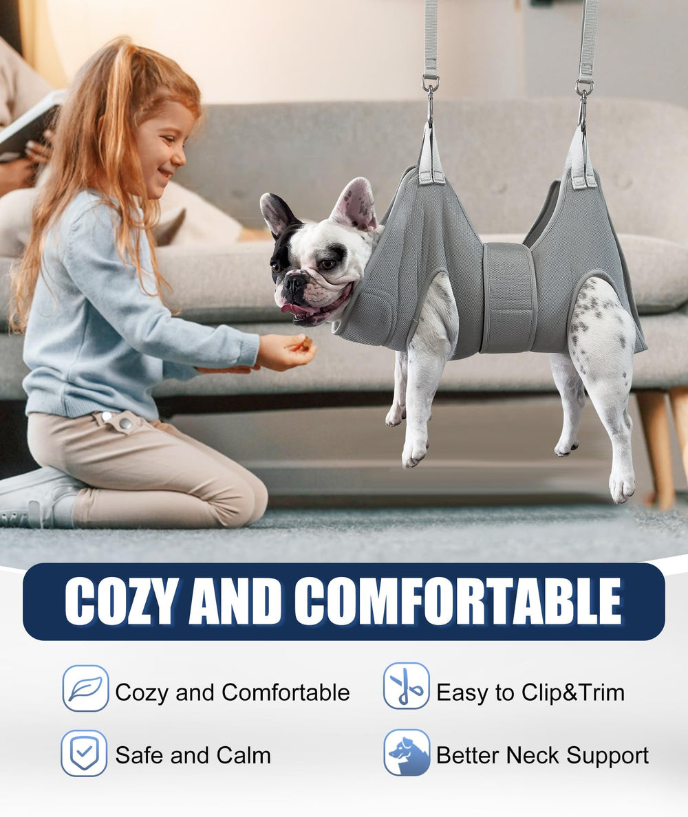 Kkiimatt dog grooming hammock wide-strap restraint in action provides escape prevention.