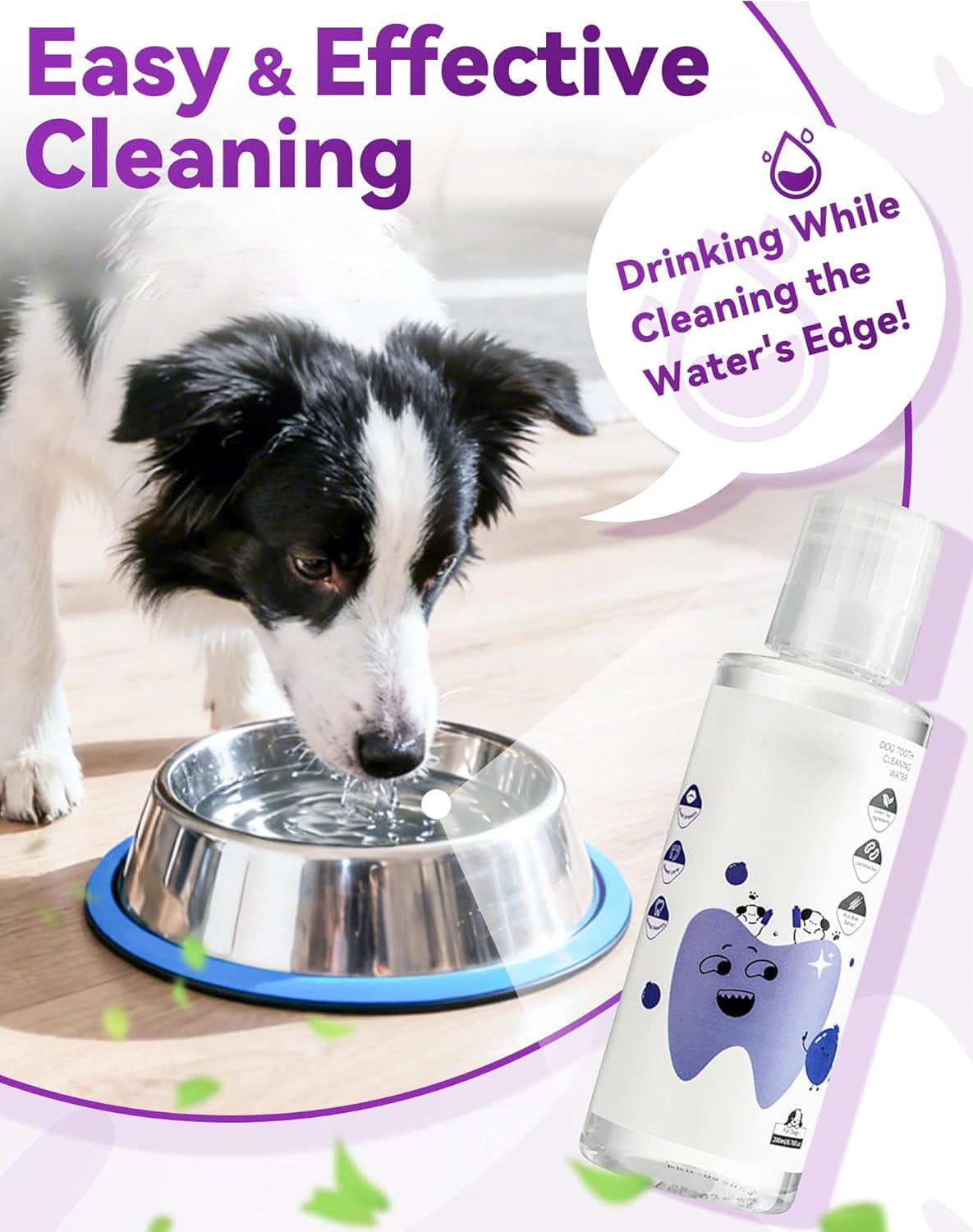 KKINYAS dog breath freshness image demonstrates water additive in action beside a bowl.