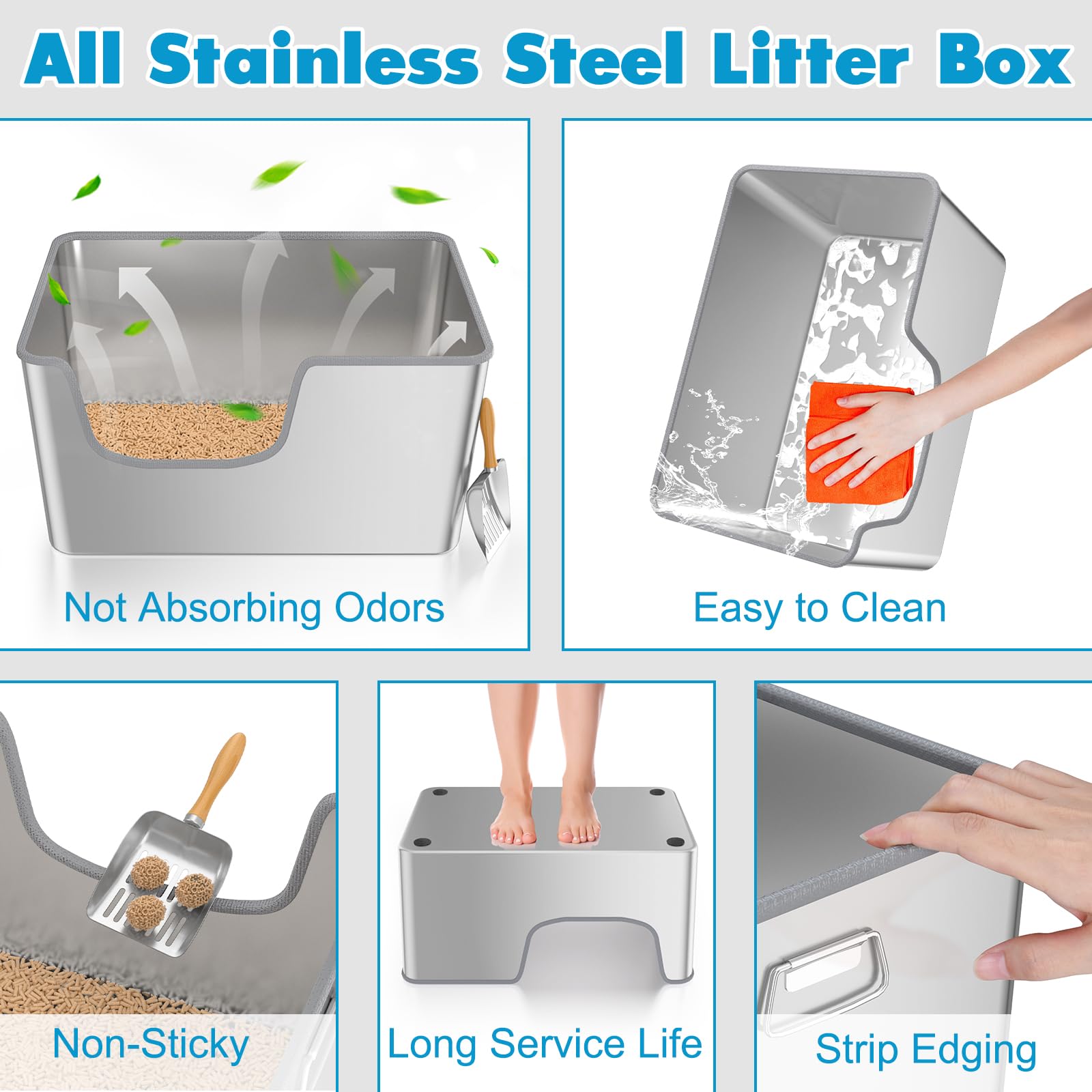 Klarana 40L XXL stainless-steel litter box top view shows spacious interior for large cats.