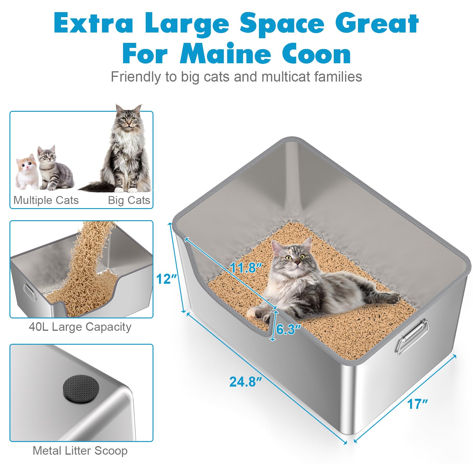 Klarana stainless-steel litter box high-sides design keeps litter contained and minimizes mess.