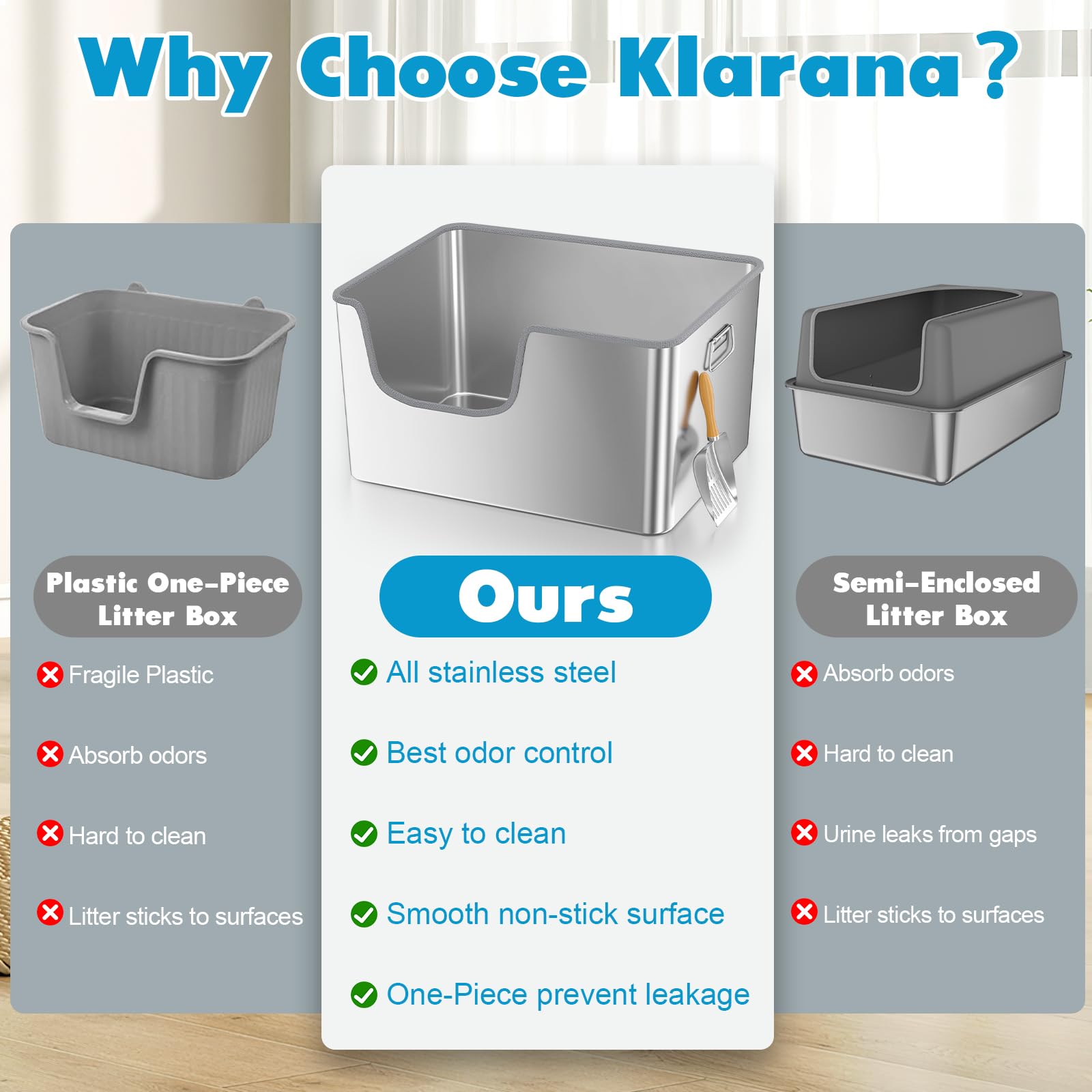 Klarana litter box with rubber edge and handles aids safe lifting and cleaning.