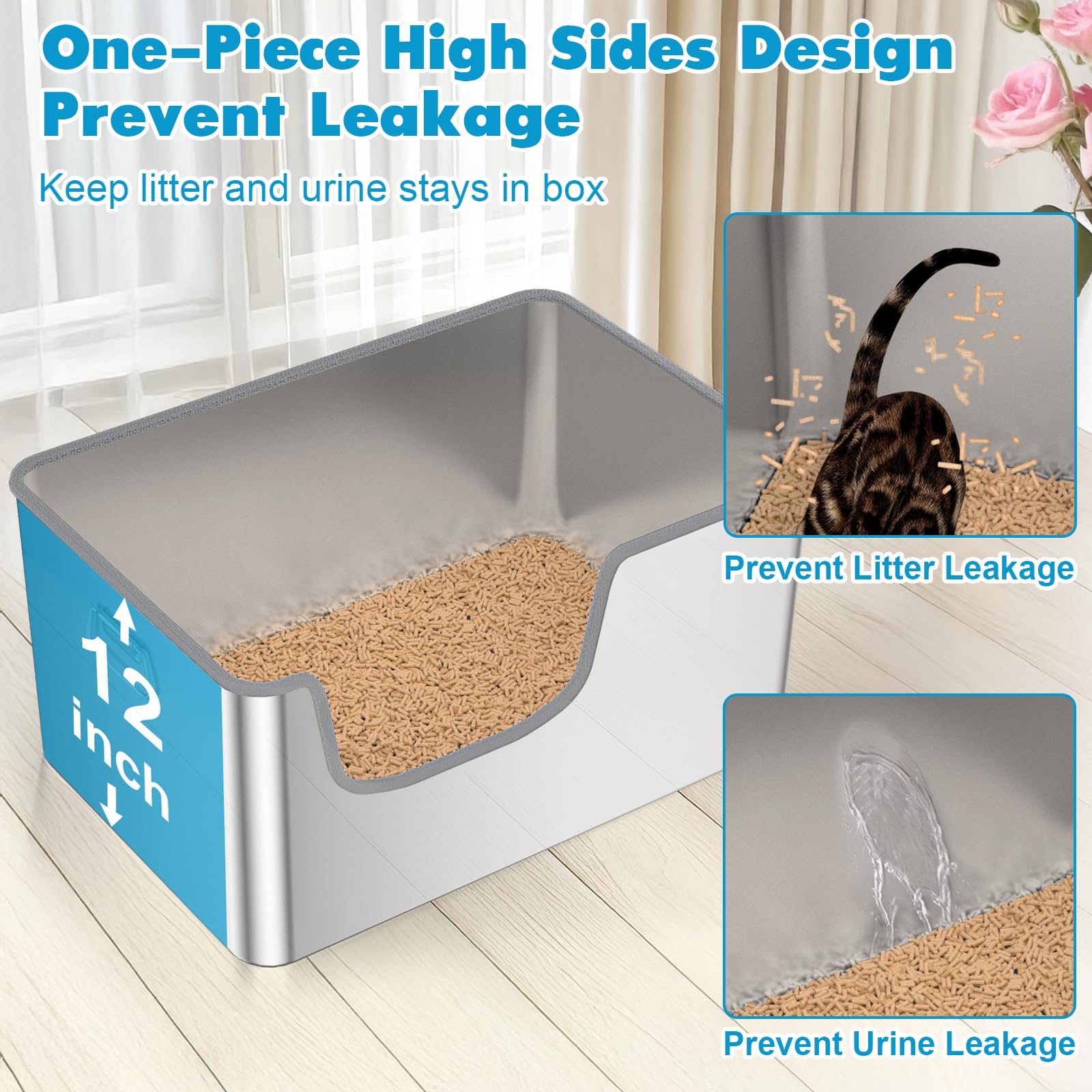 Klarana stainless-steel litter box side view highlights tall 12-inch sides to reduce spills.