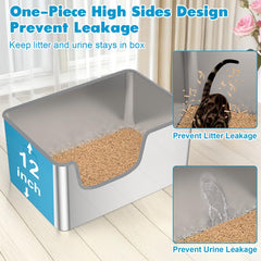 Klarana stainless-steel litter box side view highlights tall 12-inch sides to reduce spills.