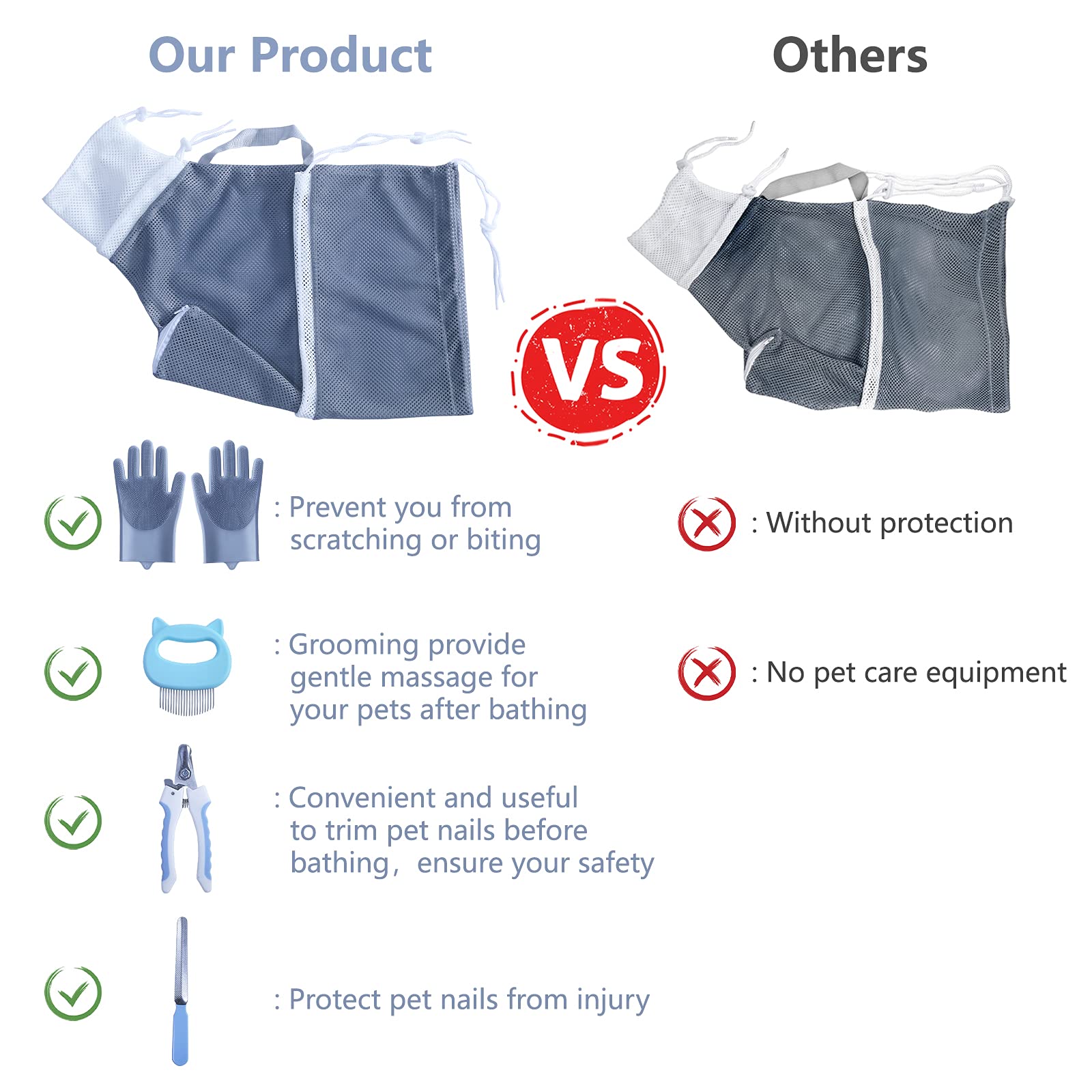 KlerRoem cat bathing bag front paws tied view highlights safer scrubbing and control.