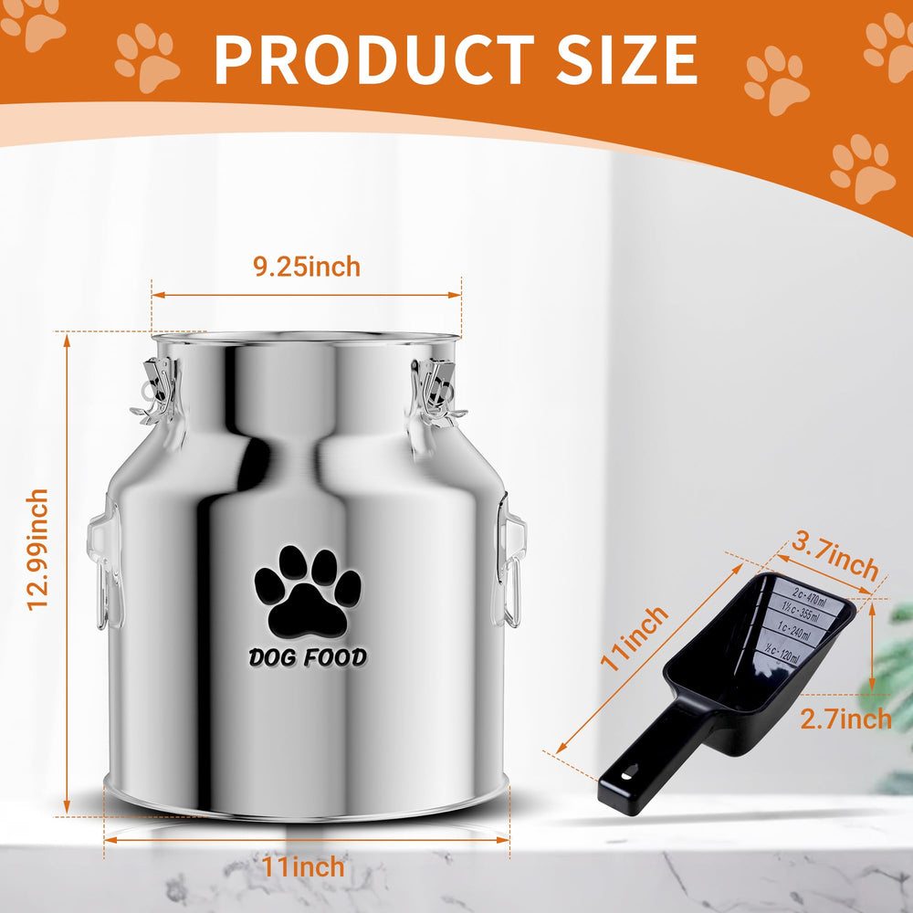 Kluronyo stainless-steel dog food bin shown on counter, durable and easy to wipe