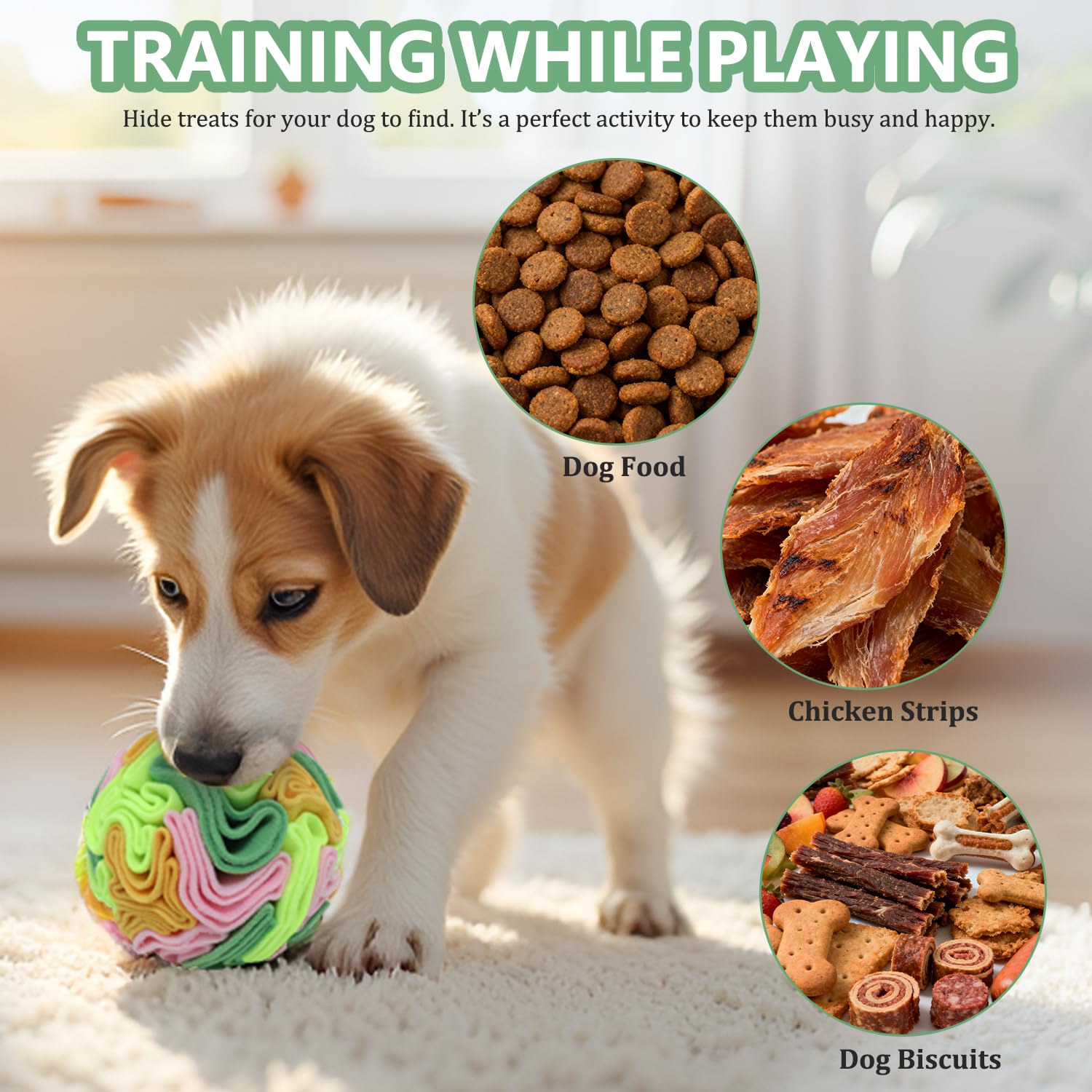 kmirepa Snuffle Ball multi-color pattern invites exploratory sniffing and treat discovery.