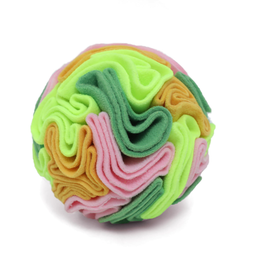 kmirepa Vibrant Snuffle Ball pink-lime pattern boosts indoor mental stimulation.