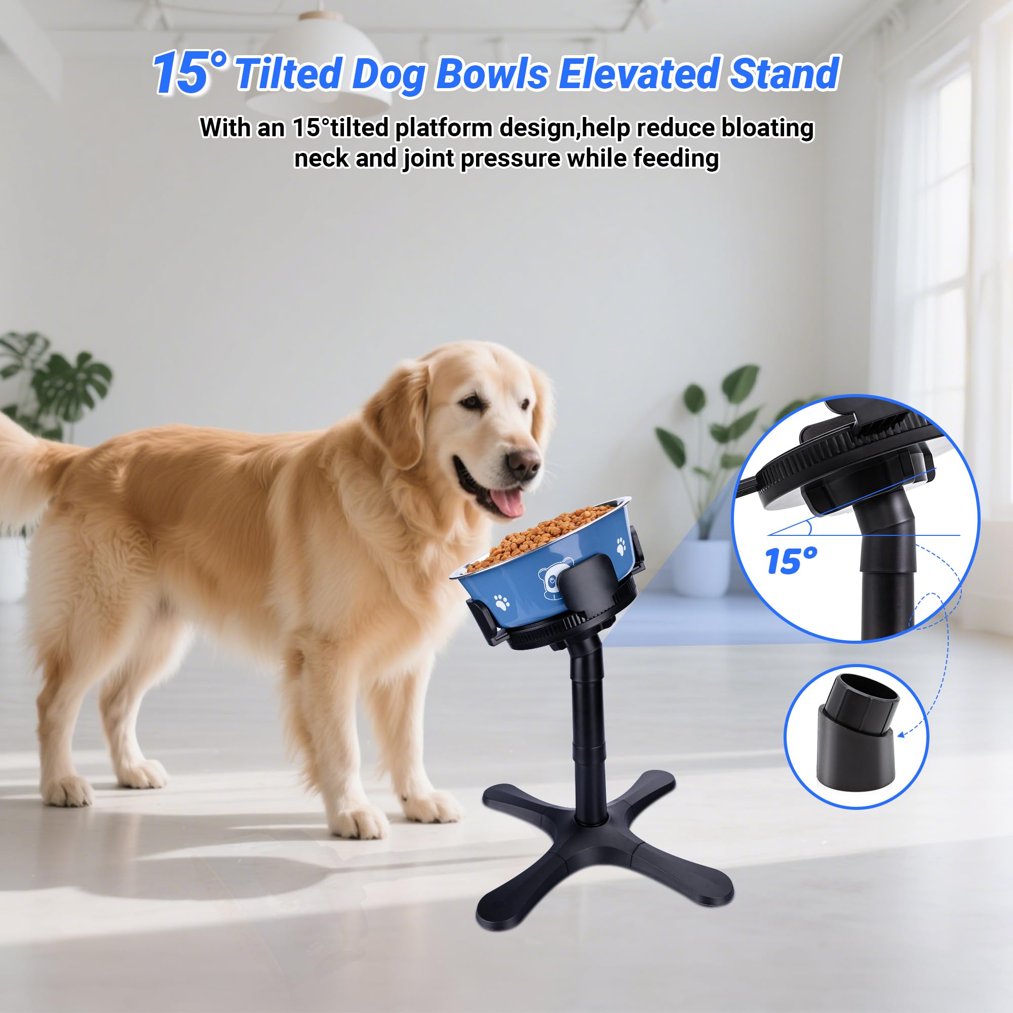 KMXASP width-adjustable dog bowl stand adapts bowls of different shapes for multiple pets.