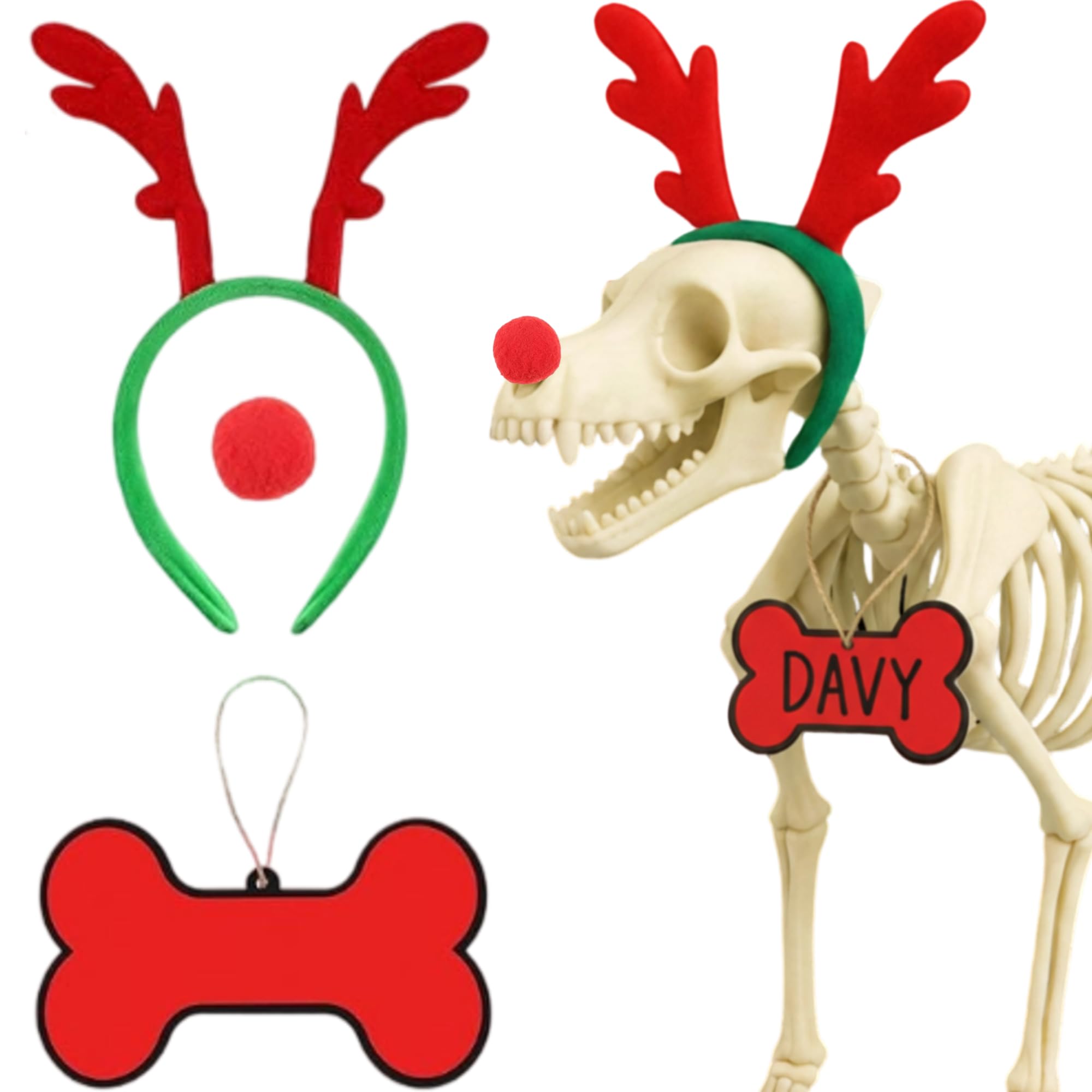 Knitgrip skeleton dog with large reindeer horns for yard decor