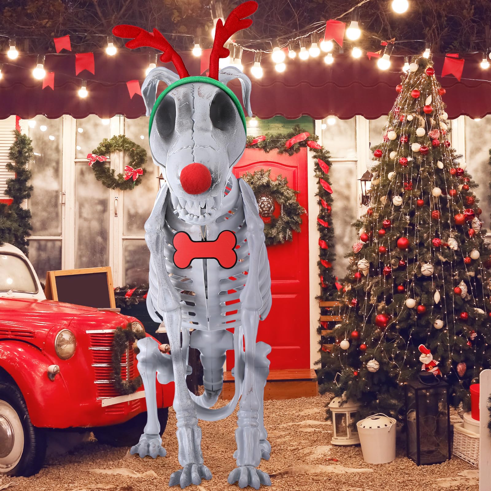 Knitgrip skeleton dog decor shown in garden with lights