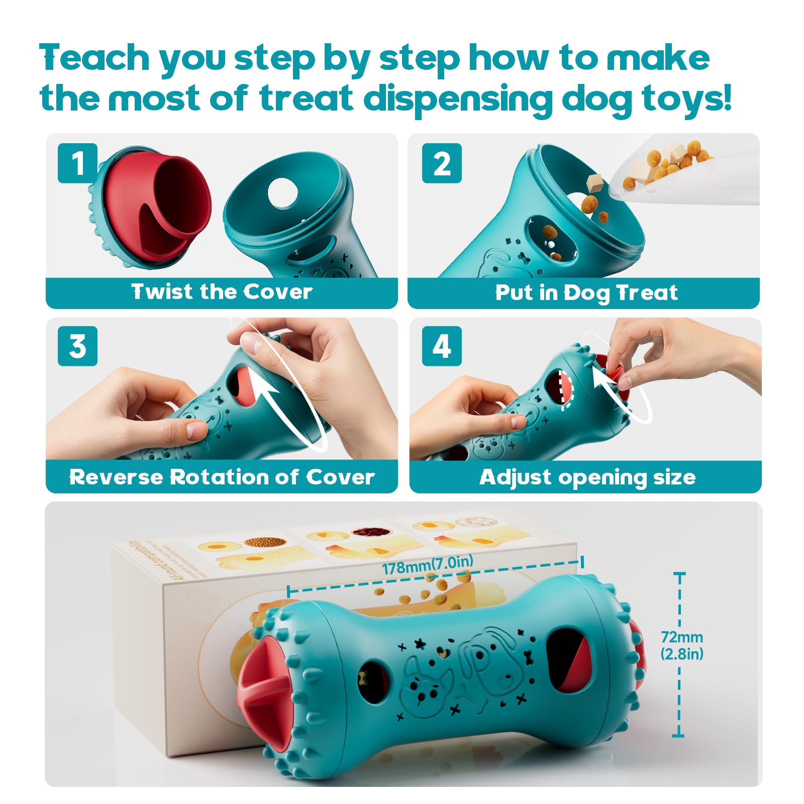 Knitly dog toy fits dogs 3-80 lbs with adjustable treat openings for versatile use.