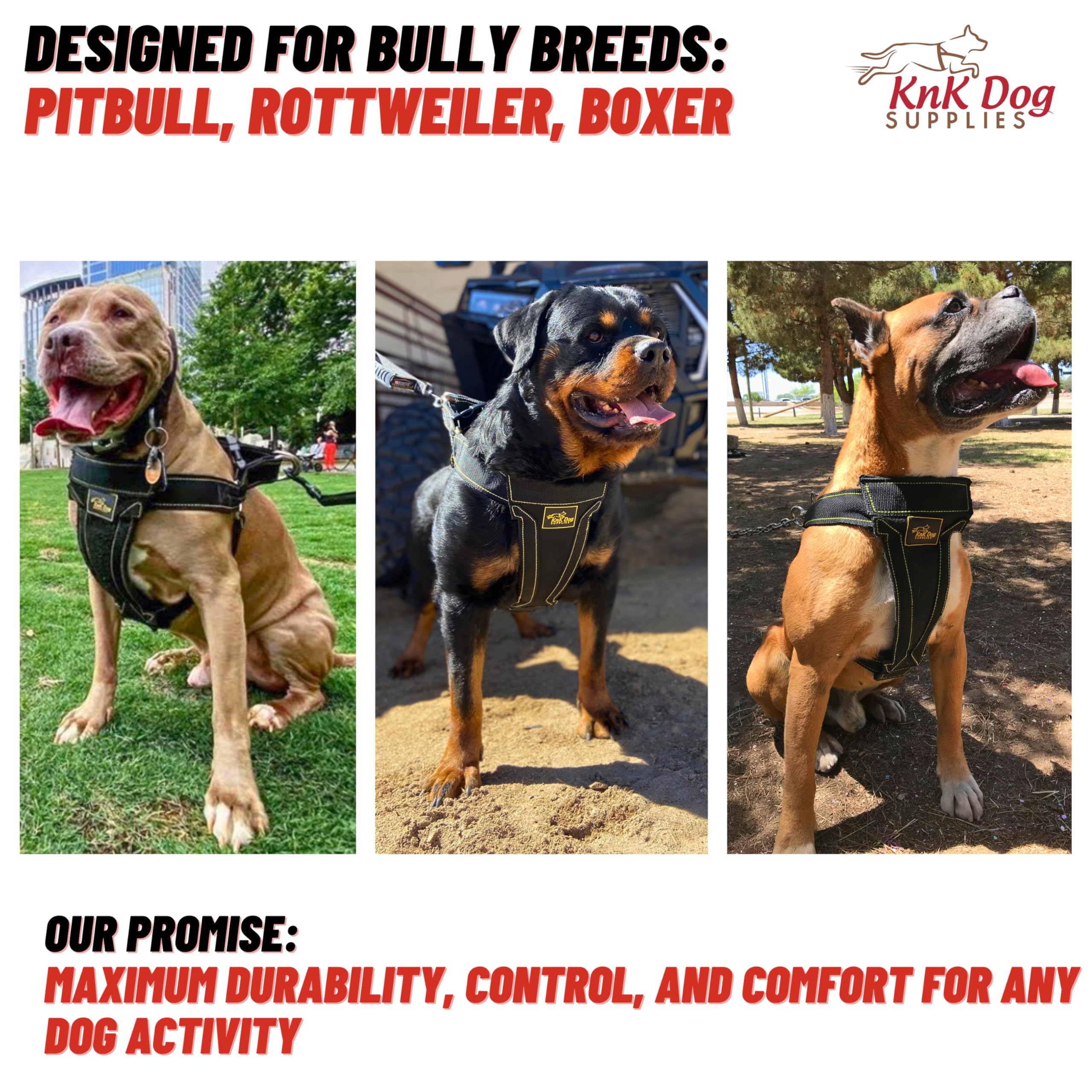 KNK heavy duty dog harness adjustable strap closeup demonstrates secure fit for XL dogs.