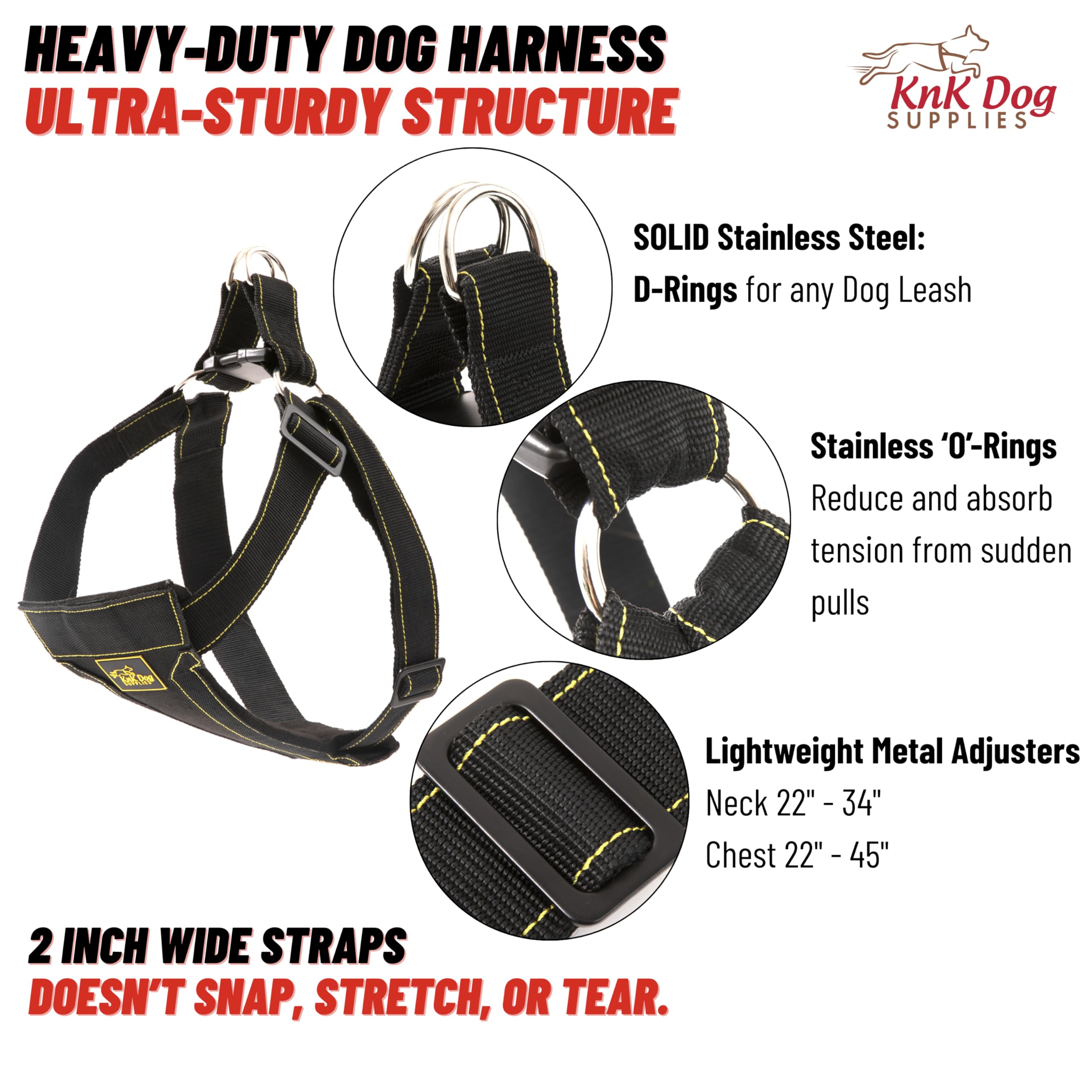 KNK heavy duty dog harness padded chest detail for comfortable long walks.