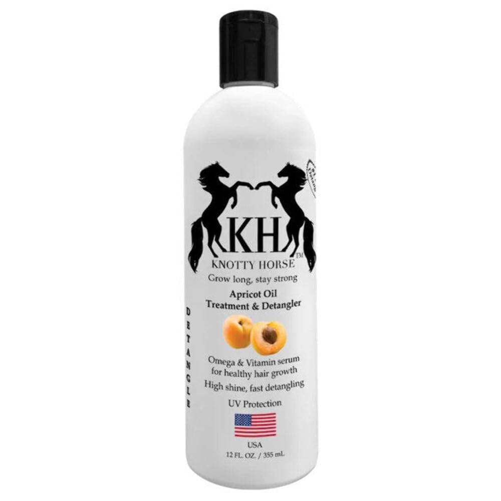 Knotty Horse Apricot Oil Detangler bottle provides non-greasy detangling for smooth hair