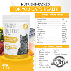 Know Better Pet Food chicken premix measuring cup demonstrates quick, mess-free meal prep