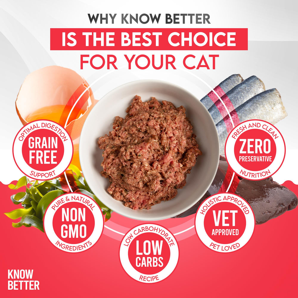 Know Better Pet Food raw cat premix chicken bowl offers flavor variety.