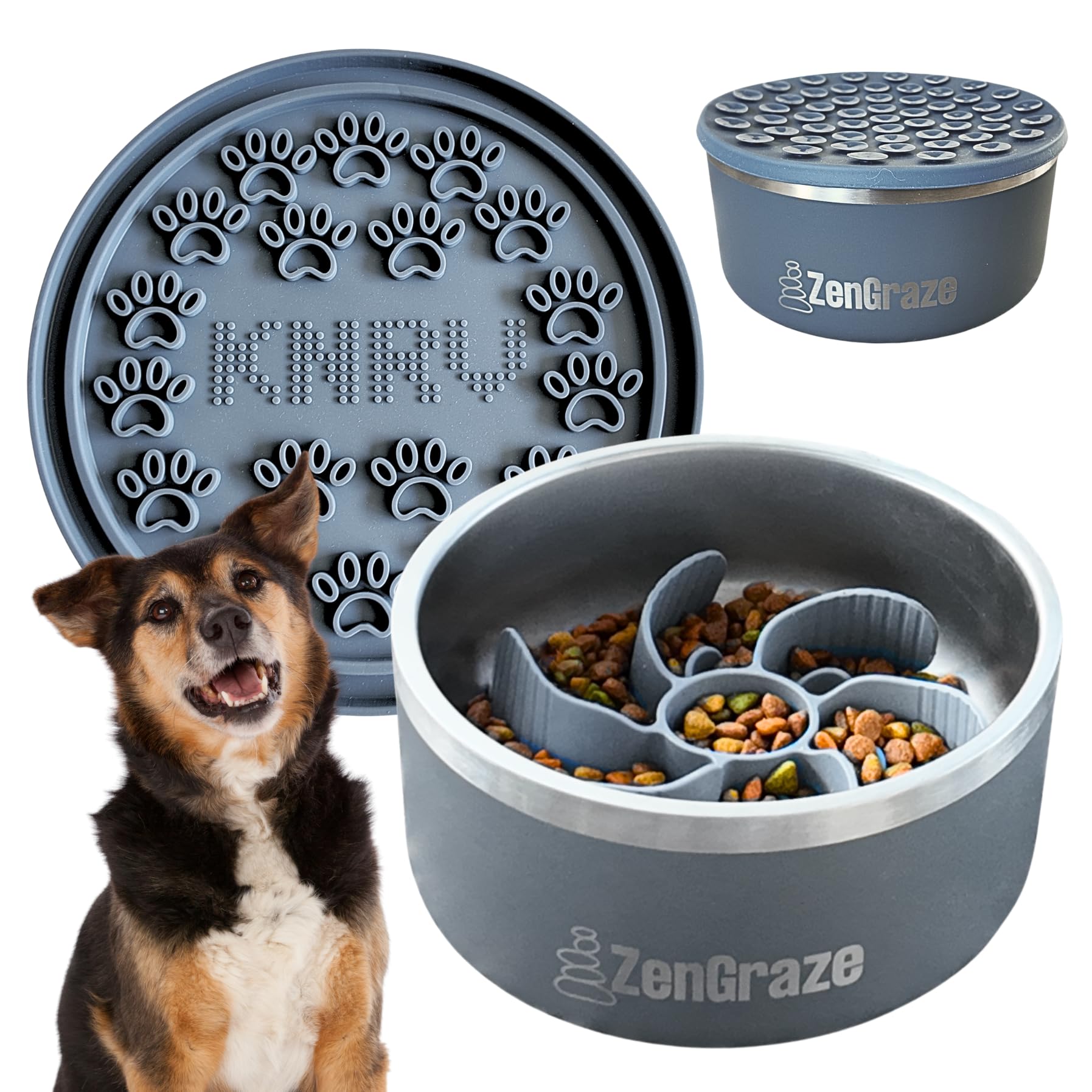 KNRV Commerce slow feeder bowl steel gray with non-slip base for steady mealtime