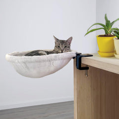 Kobuddy durable ergonomic cat desk bed on desk with close up of sturdy mounting for reliable use.