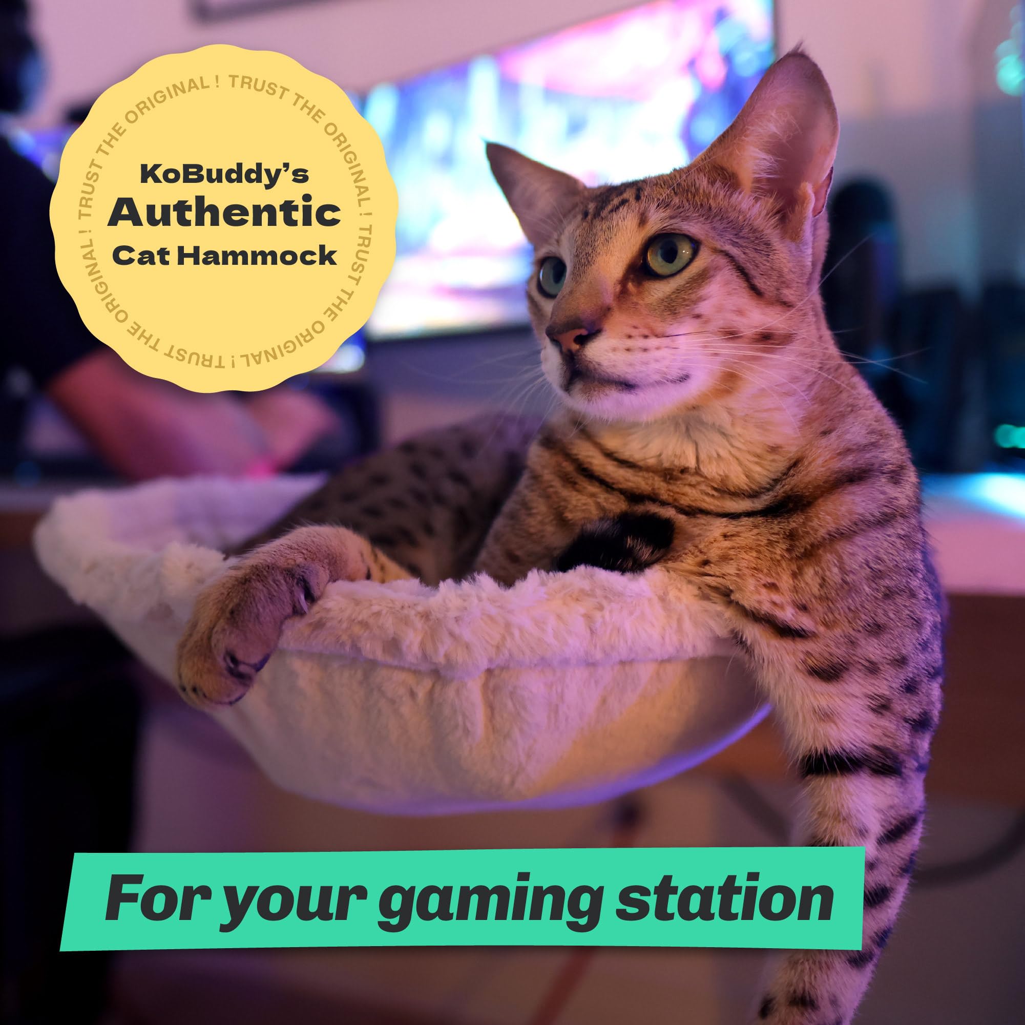 Kobuddy gamer-friendly cat desk bed positioned for a dual work and play setup.