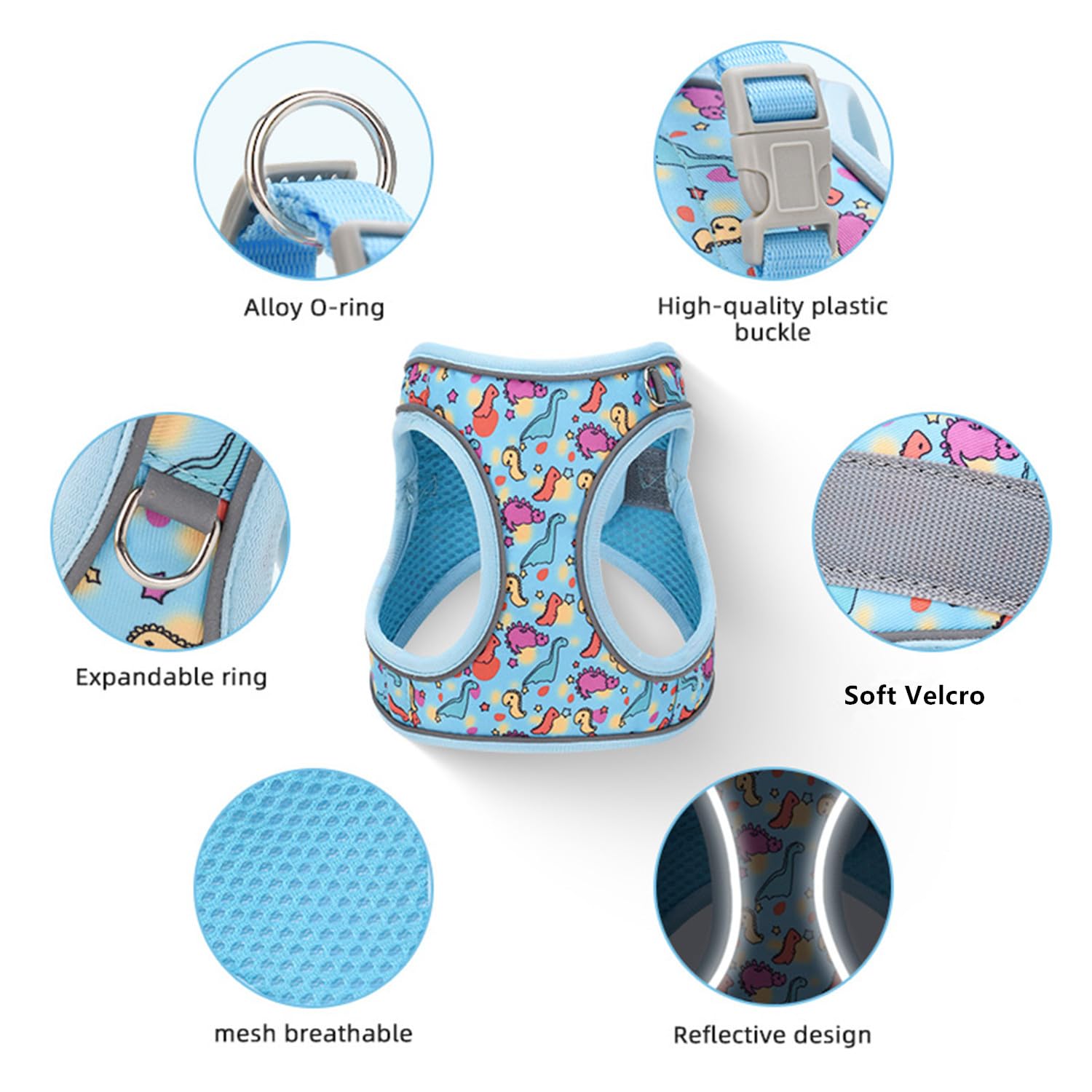 KocaPlye dinosaur-pattern harness back view shows adjustable fit and trendy style.