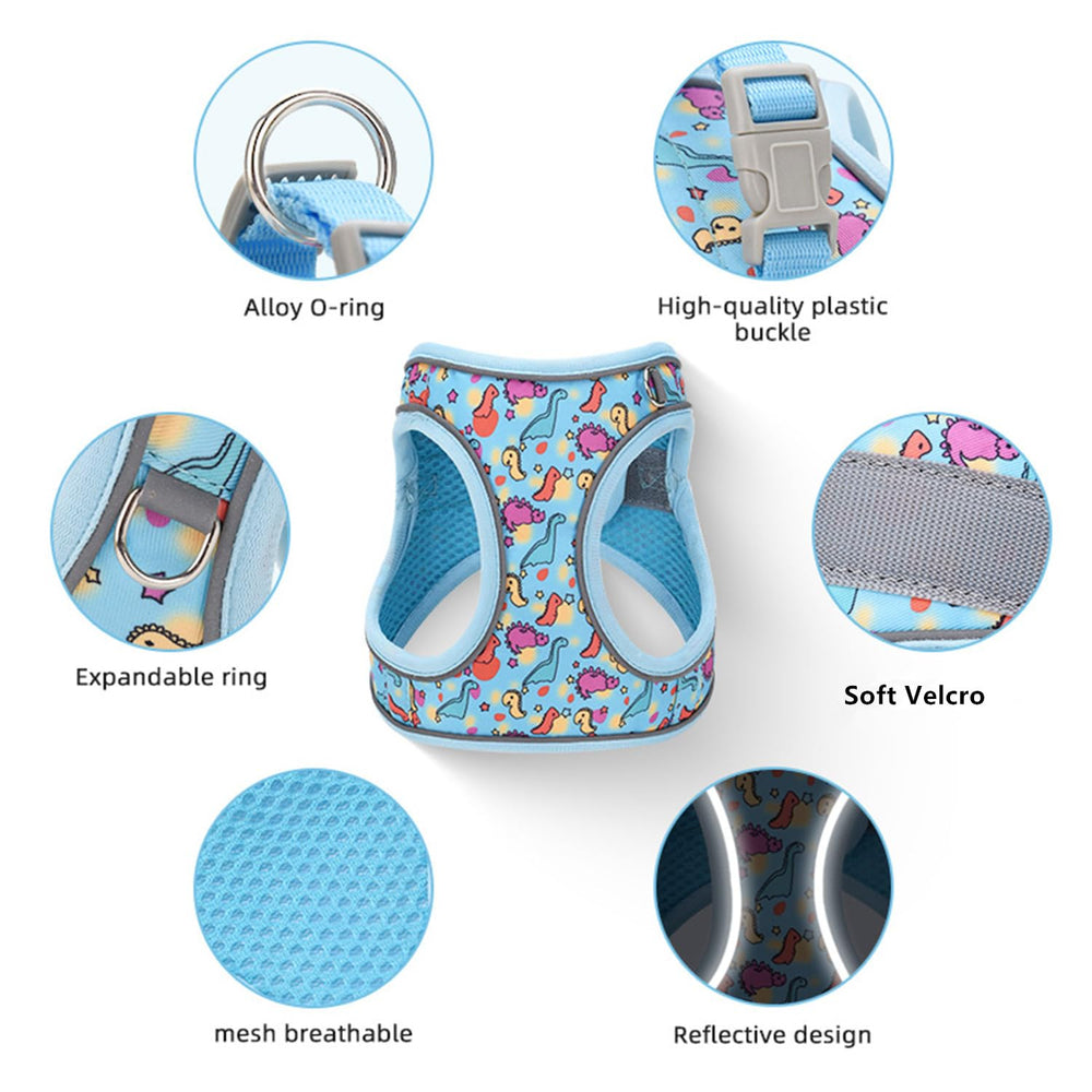 KocaPlye dinosaur-pattern harness back view shows adjustable fit and trendy style.