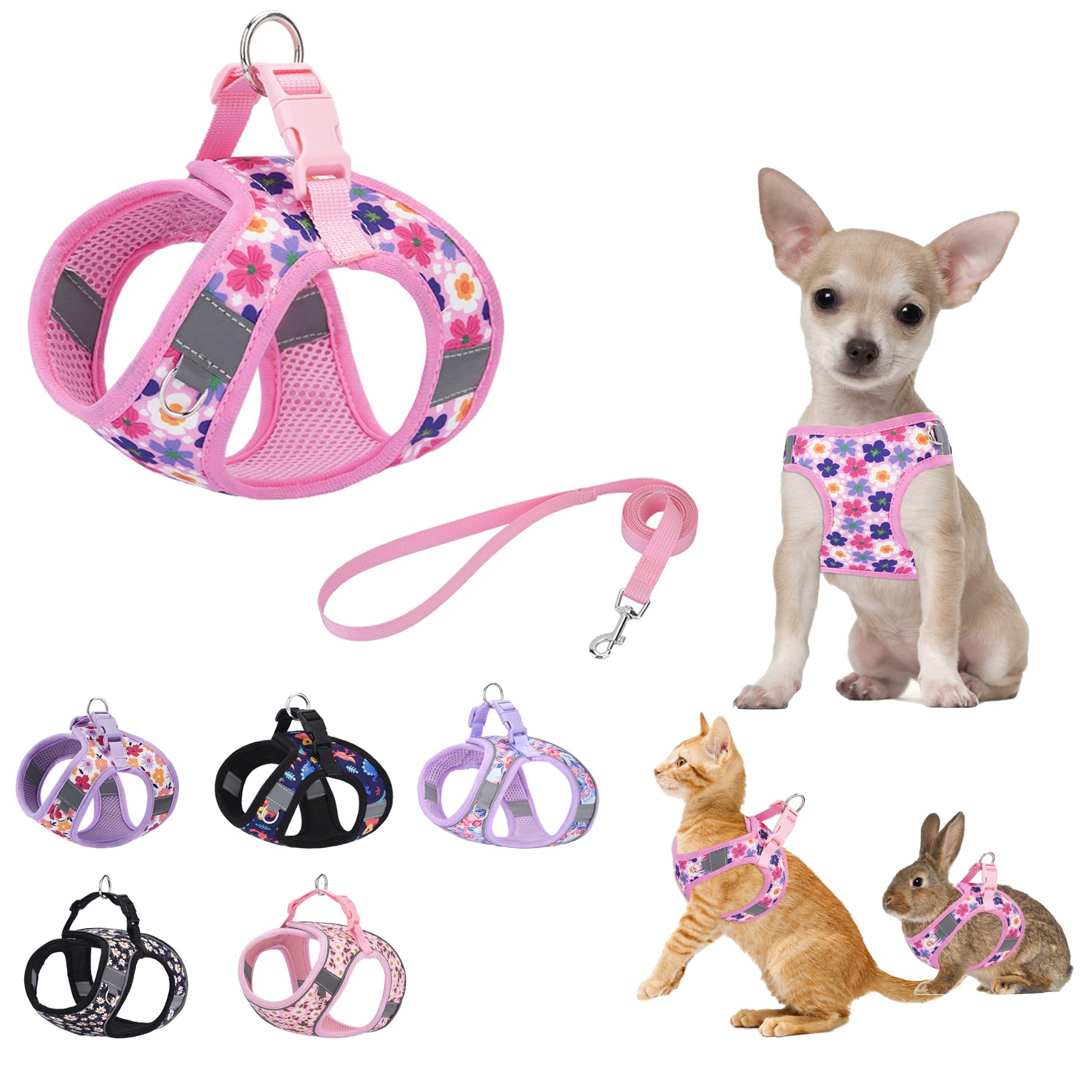 KocaPlye small dog harness with pink flowers, comfortable daily wear for walks