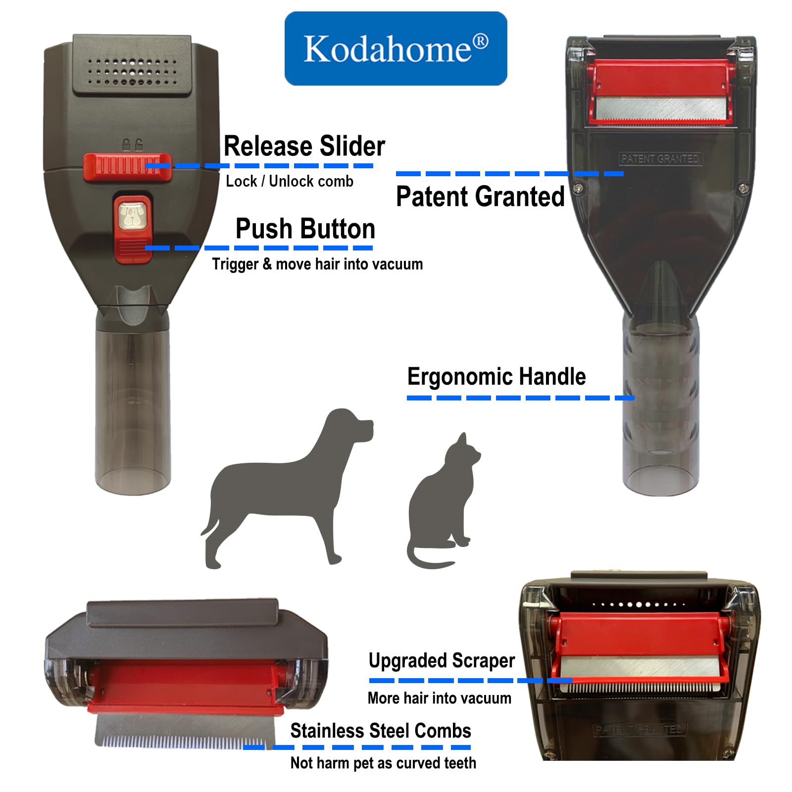 Kodahome packaging includes grooming tool and manual.