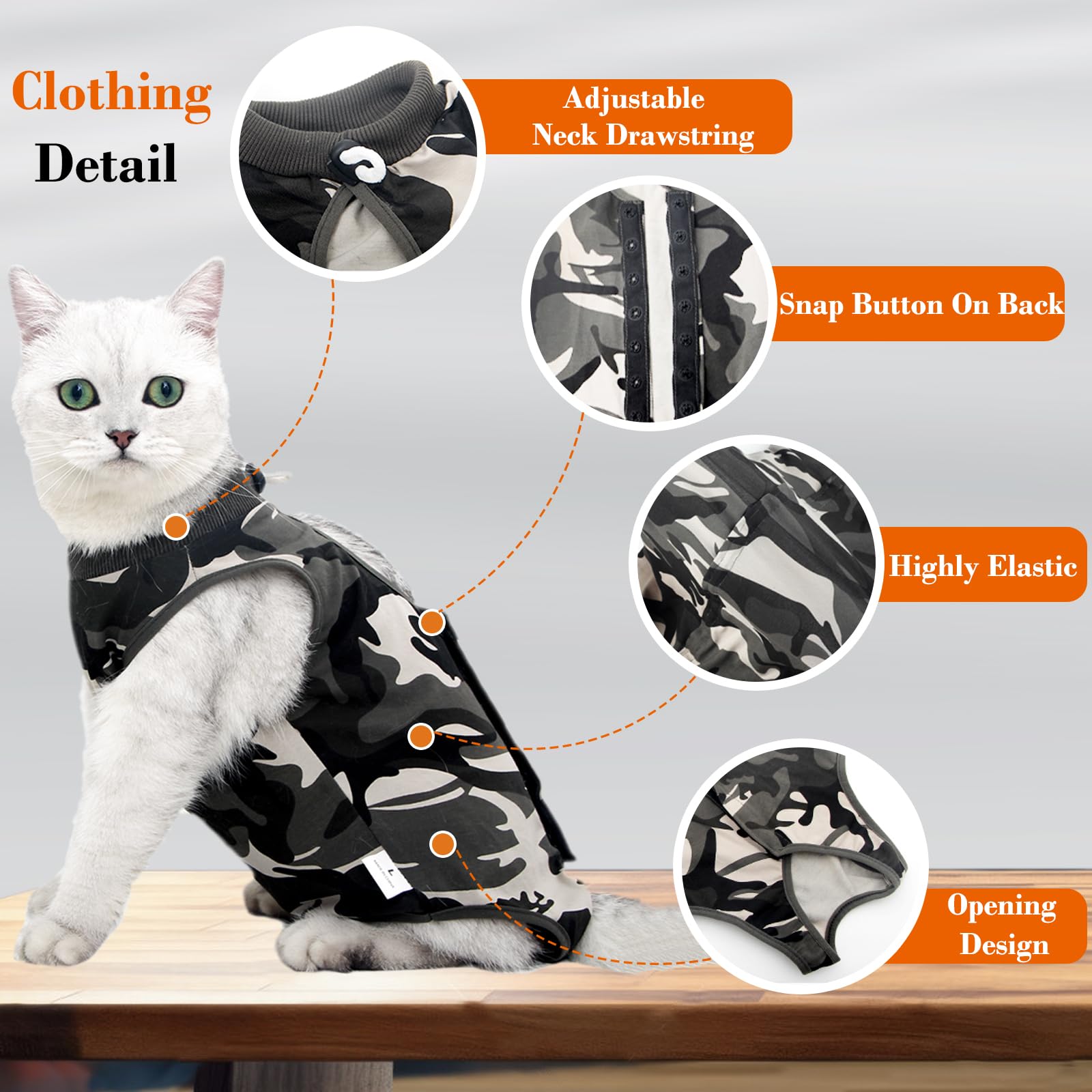 Kodervo cat recovery suit closeup of adjustable neck elastic for secure fit.