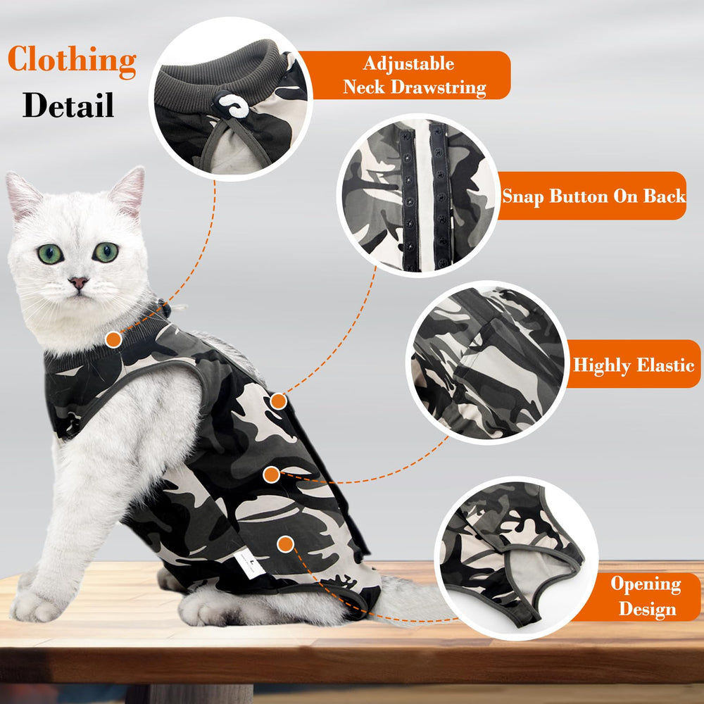 Kodervo cat recovery suit closeup of adjustable neck elastic for secure fit.