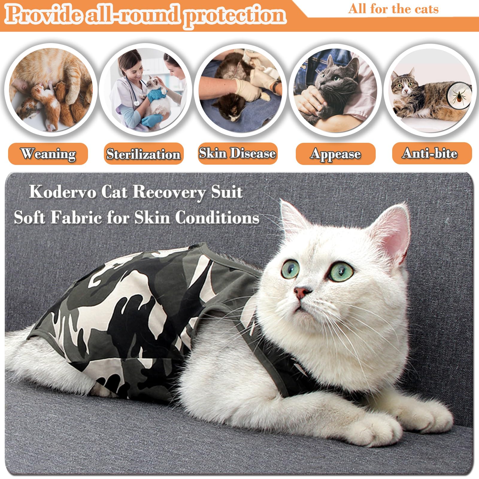 Kodervo cat recovery suit demonstrates easy litter box access with rump-friendly design.